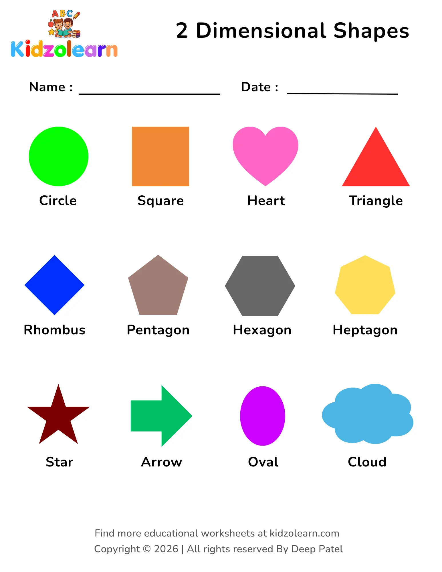 Free 2D shapes worksheet for kids – printable PDF for Kindergarten and Grade 1
