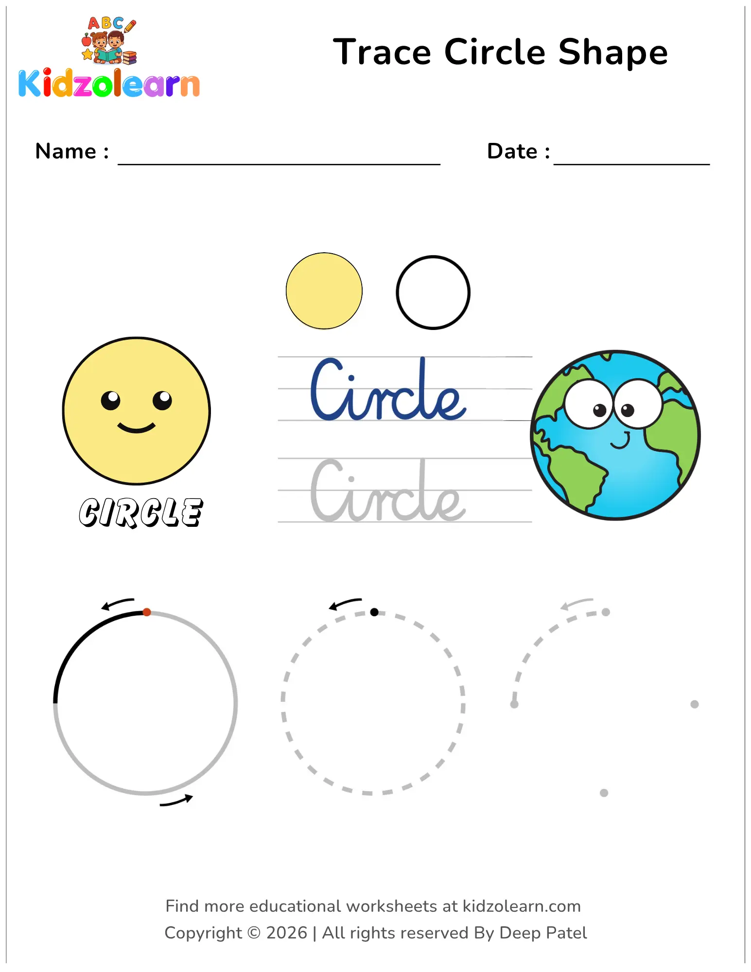 Free trace circle shape worksheet for kids – printable PDF with dotted tracing guidelines and circle word tracing