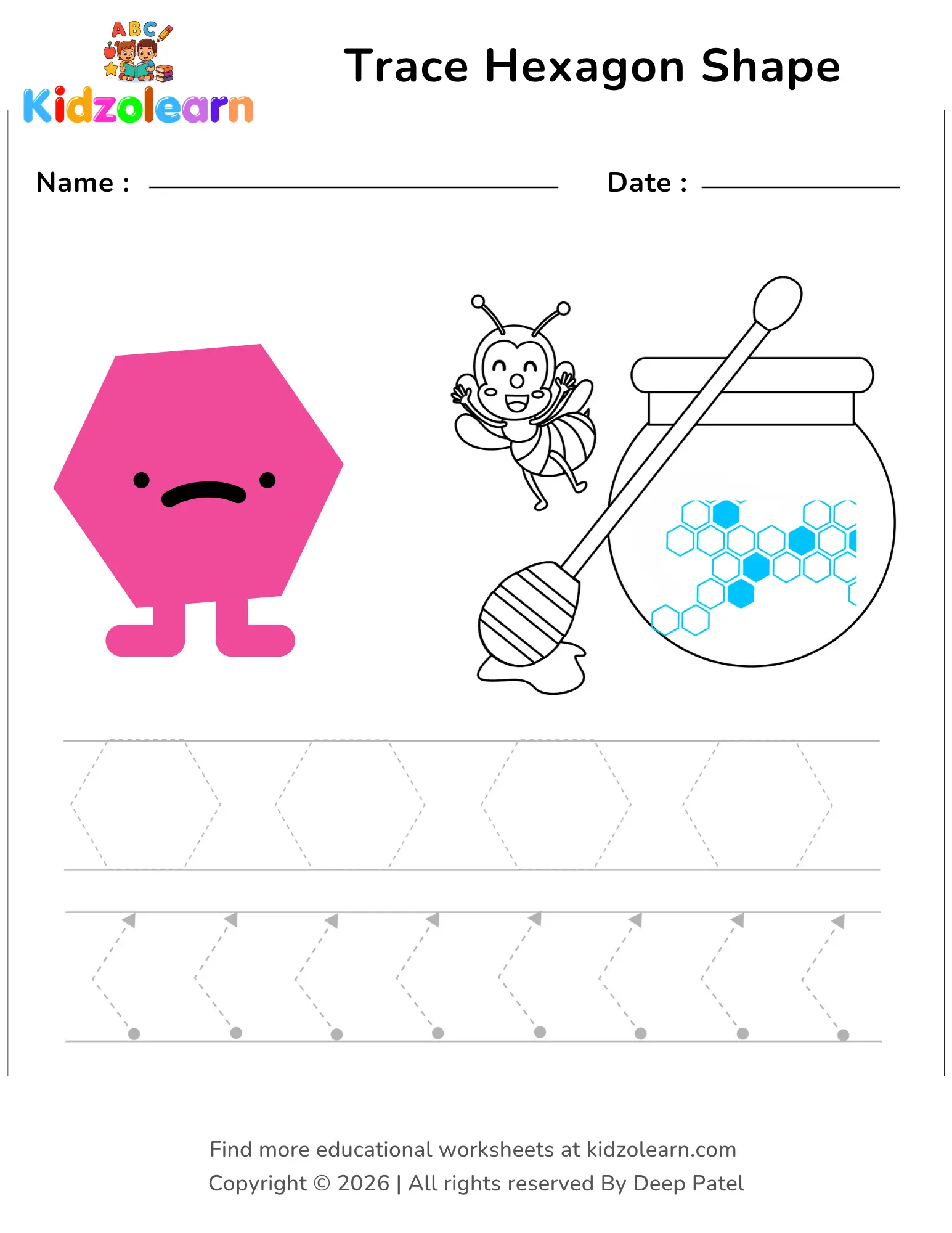 Free trace hexagon shape worksheet for kids – printable PDF with bee and honeycomb theme and dotted hexagon tracing lines