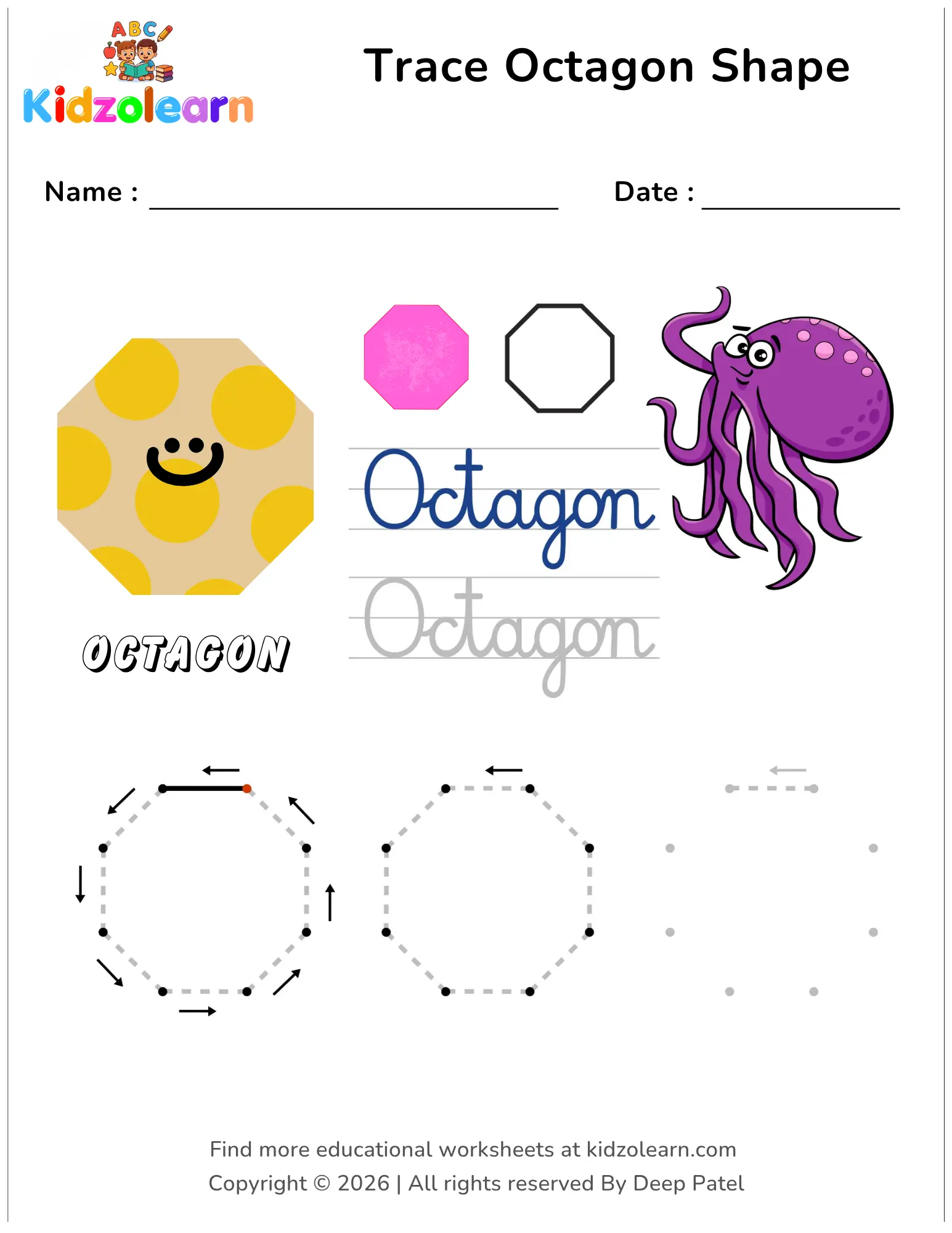 Free trace octagon shape worksheet for kids – printable PDF with octopus theme and dotted octagon tracing guidelines