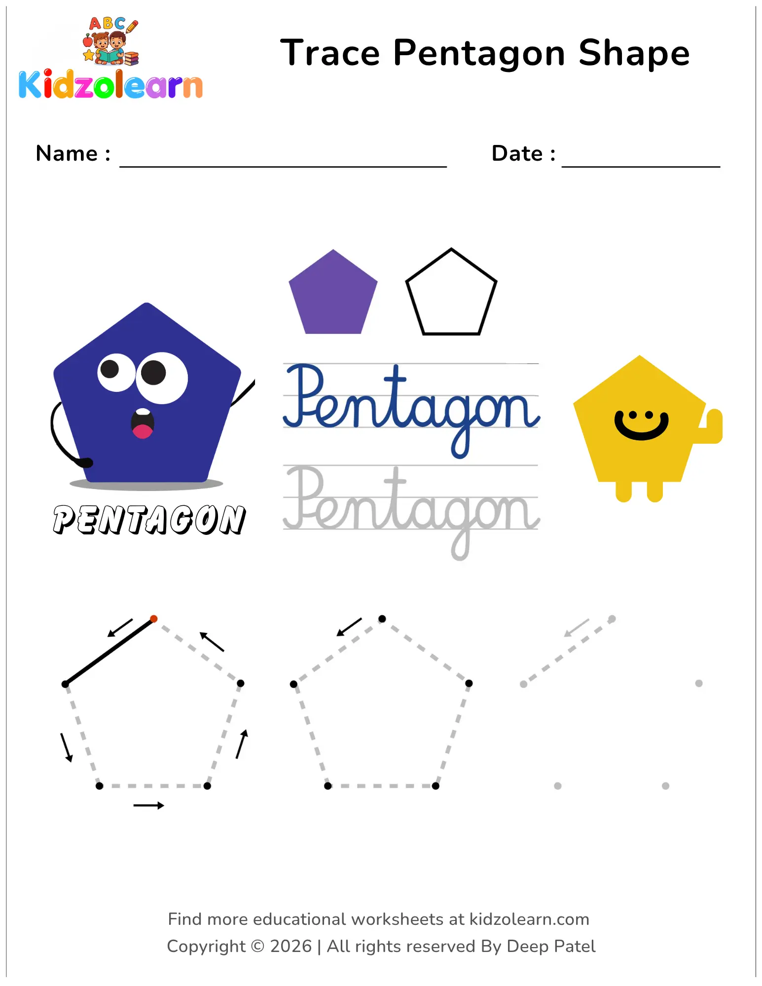 Free trace pentagon shape worksheet for kids – printable PDF with cute pentagon characters and dotted tracing guidelines
