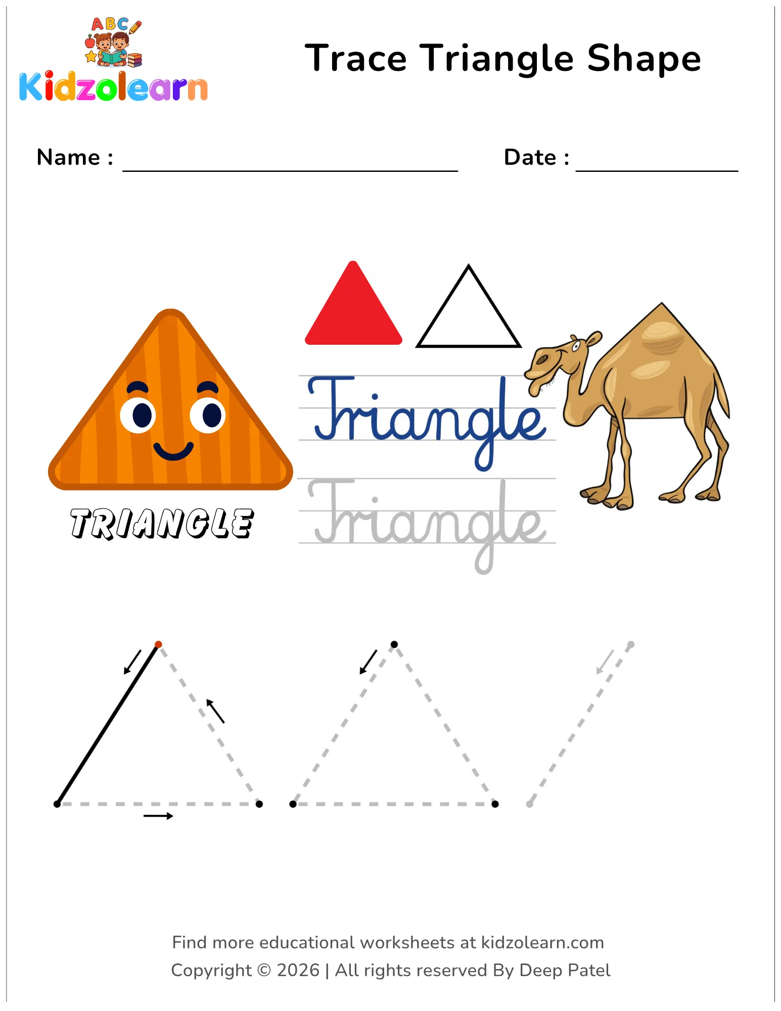 Free trace triangle shape worksheet for kids – printable PDF with camel and triangle character, plus dotted triangle tracing guidelines