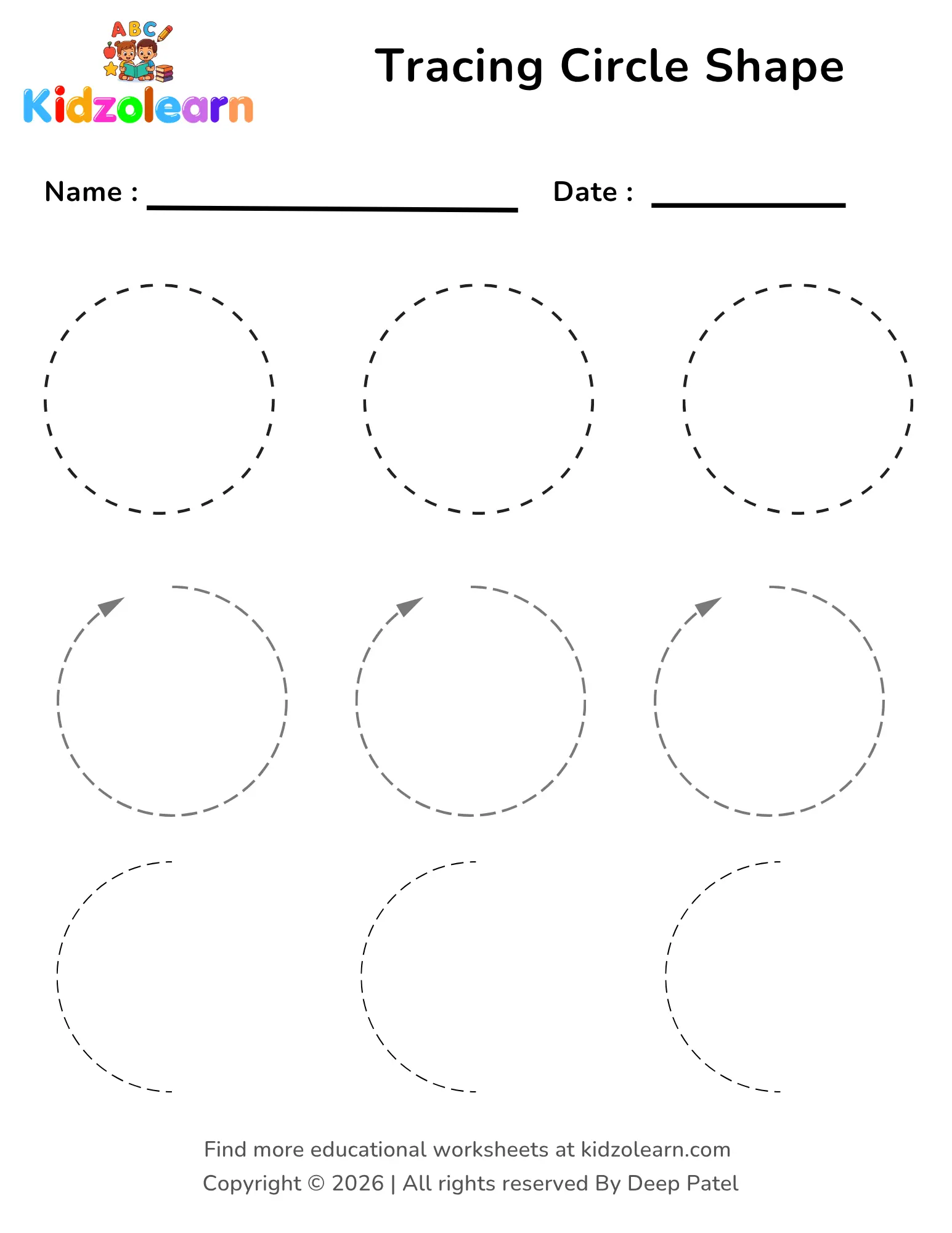 Free tracing circle shape worksheet for kids – printable PDF with 9 dotted circle tracing exercises in three levels of difficulty