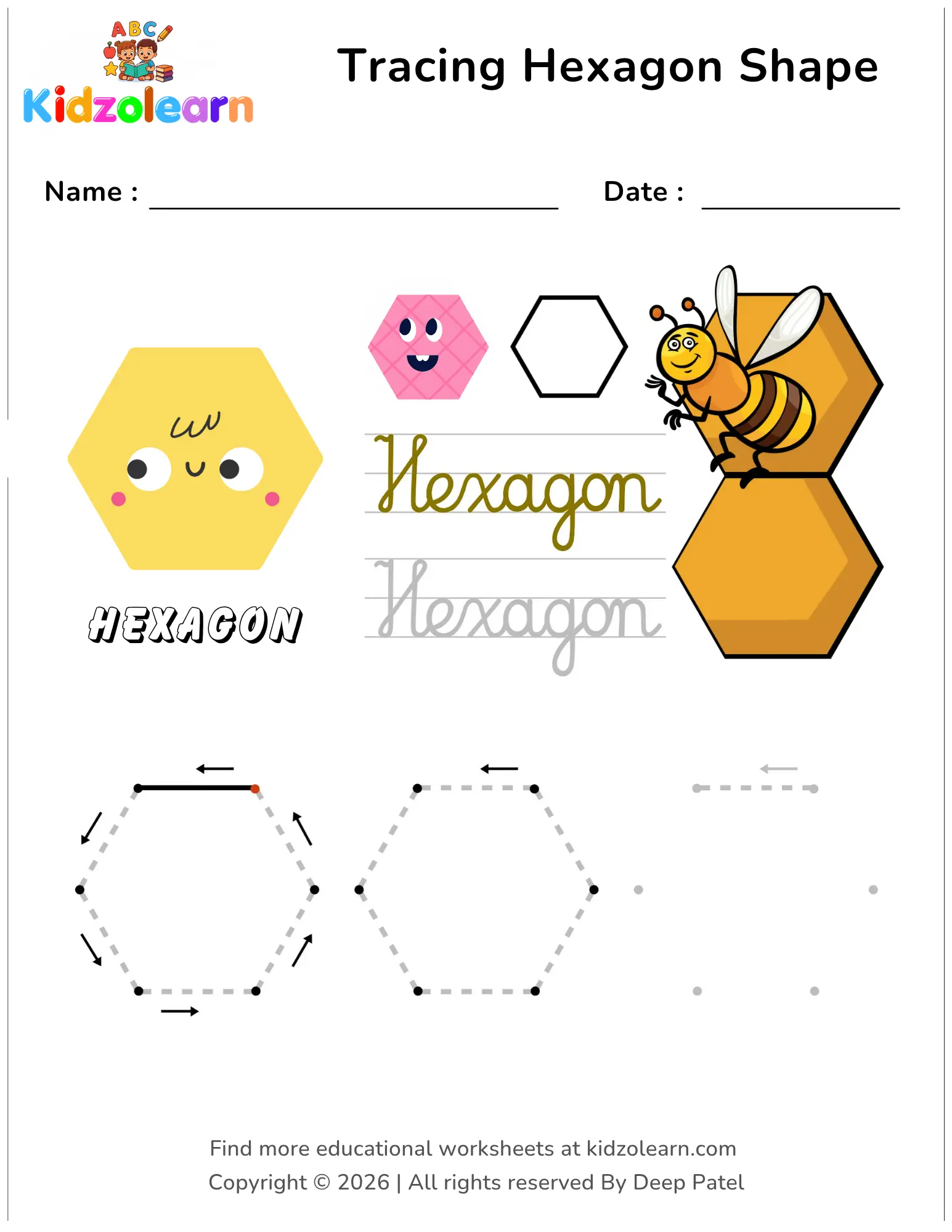 Free tracing hexagon shape worksheet for kids – printable PDF with bee theme and three progressive hexagon tracing exercises