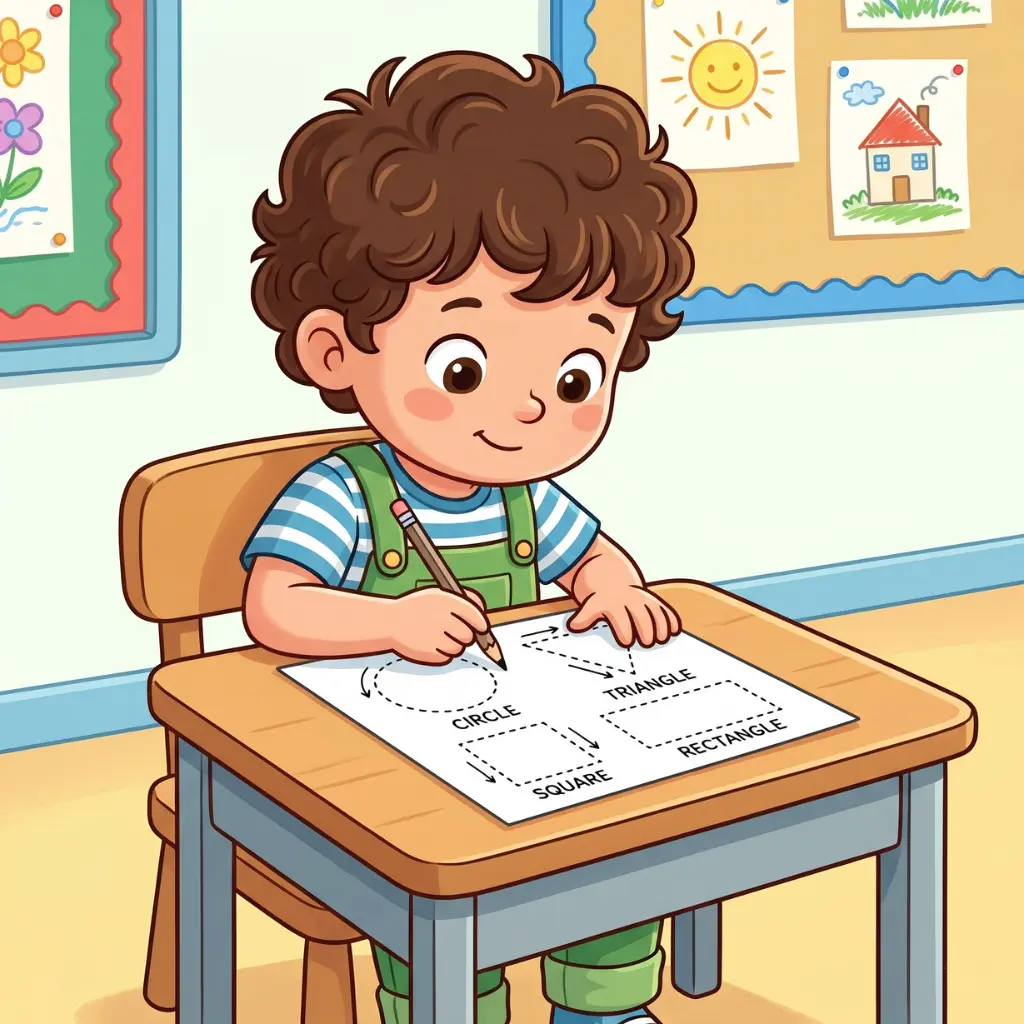 Dotted line shape tracing worksheet with direction arrows for preschool