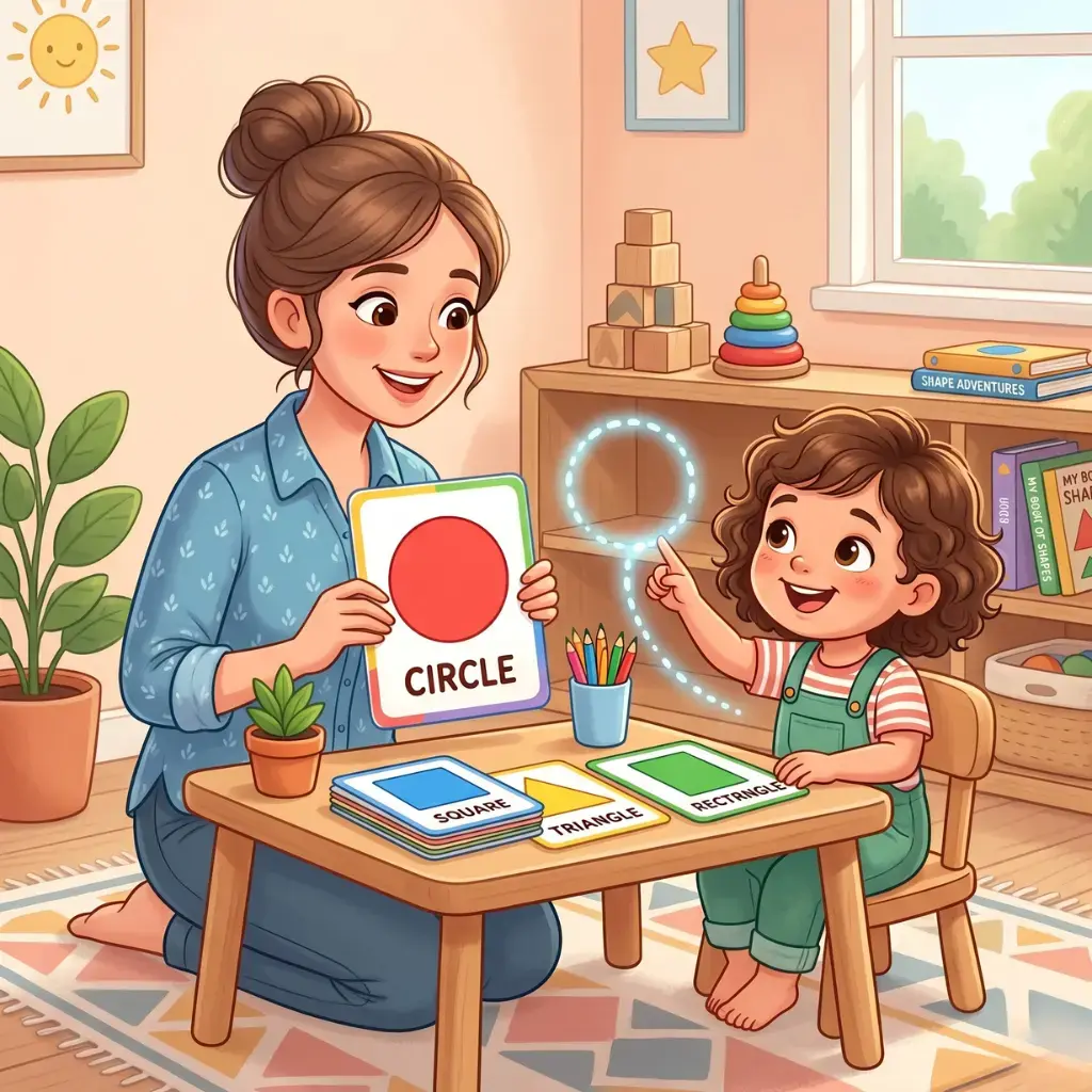 Parent holding shape flashcards for preschool child learning activity