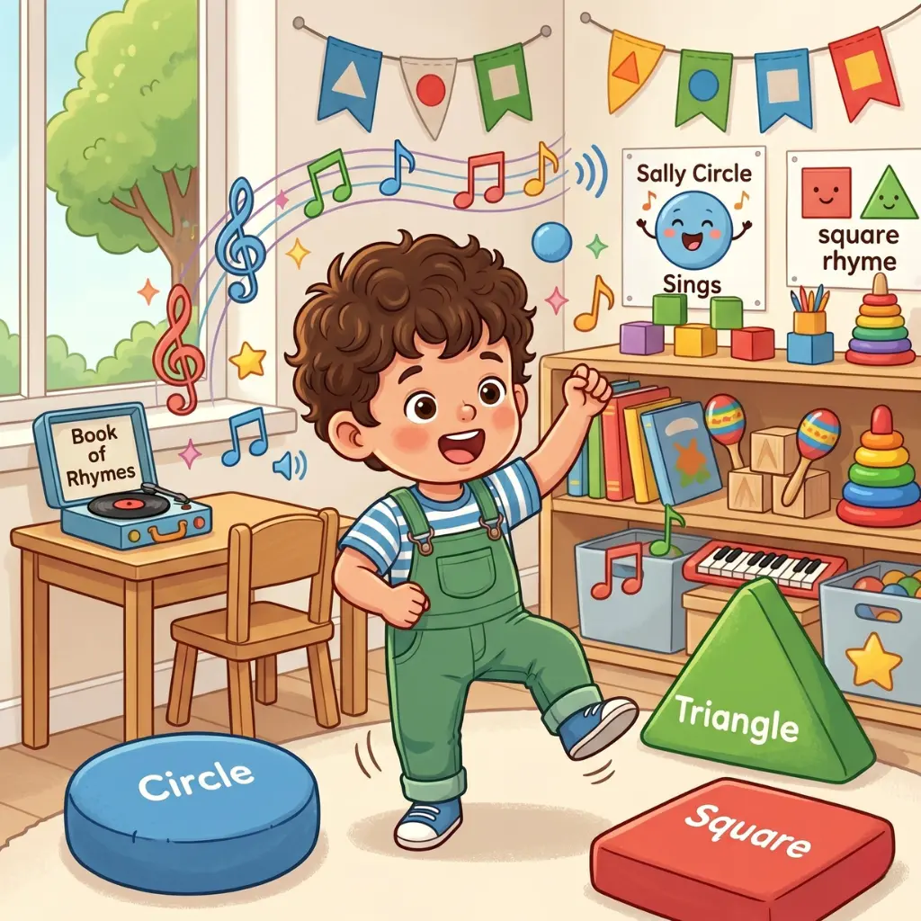 Preschooler dancing and singing a shapes song with parent