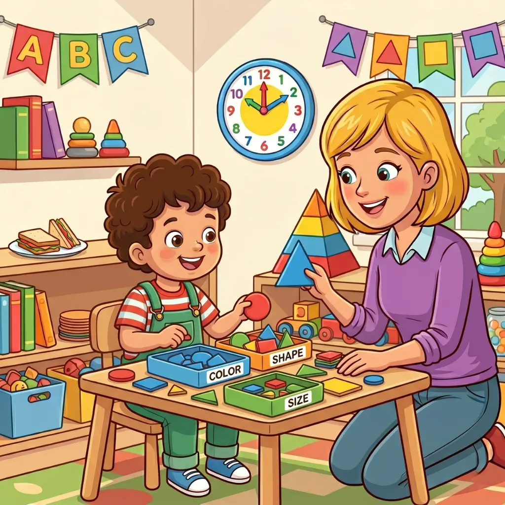 Kids sorting cut-out shapes by type colour and size