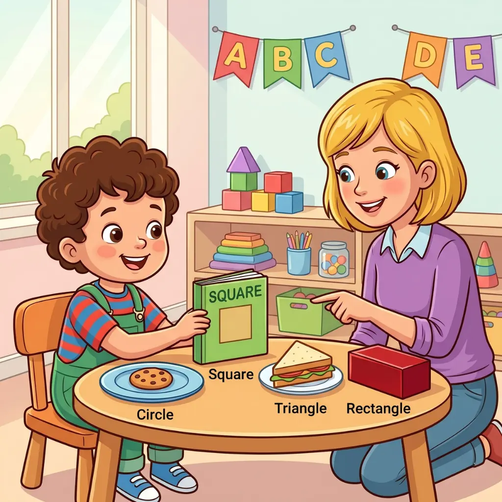 Child identifying shapes in household objects like clocks and books
