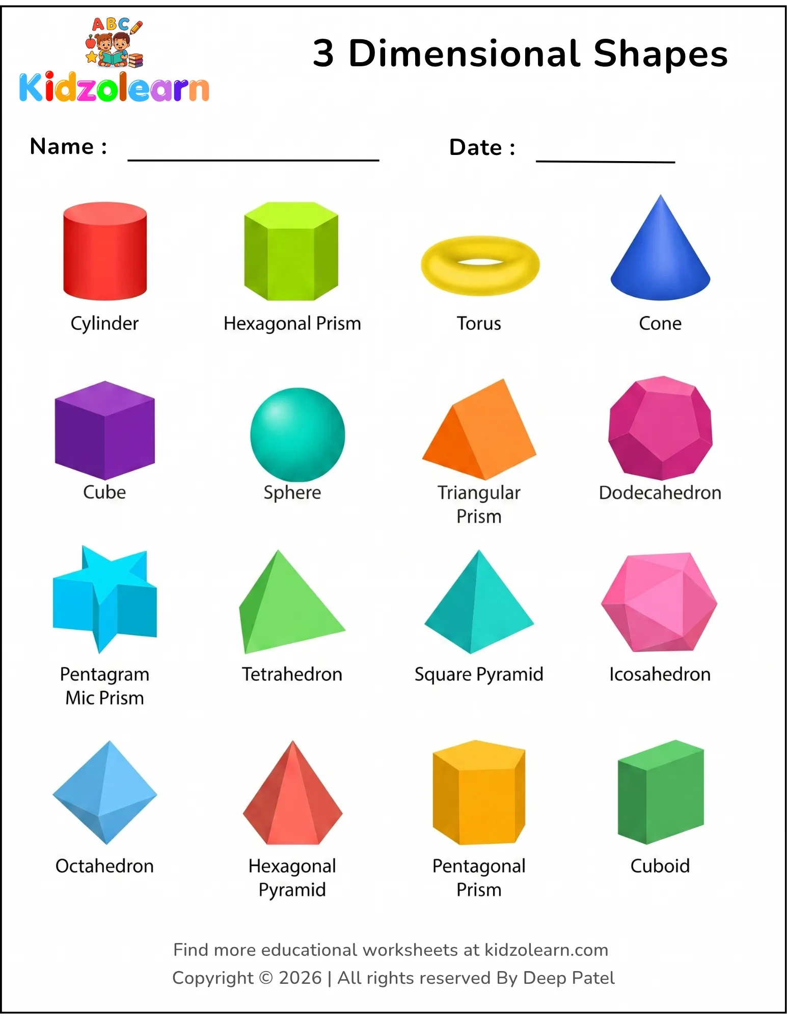 Free 3D shapes worksheet for kids – printable PDF showing cylinder, cube, sphere, cone and pyramid