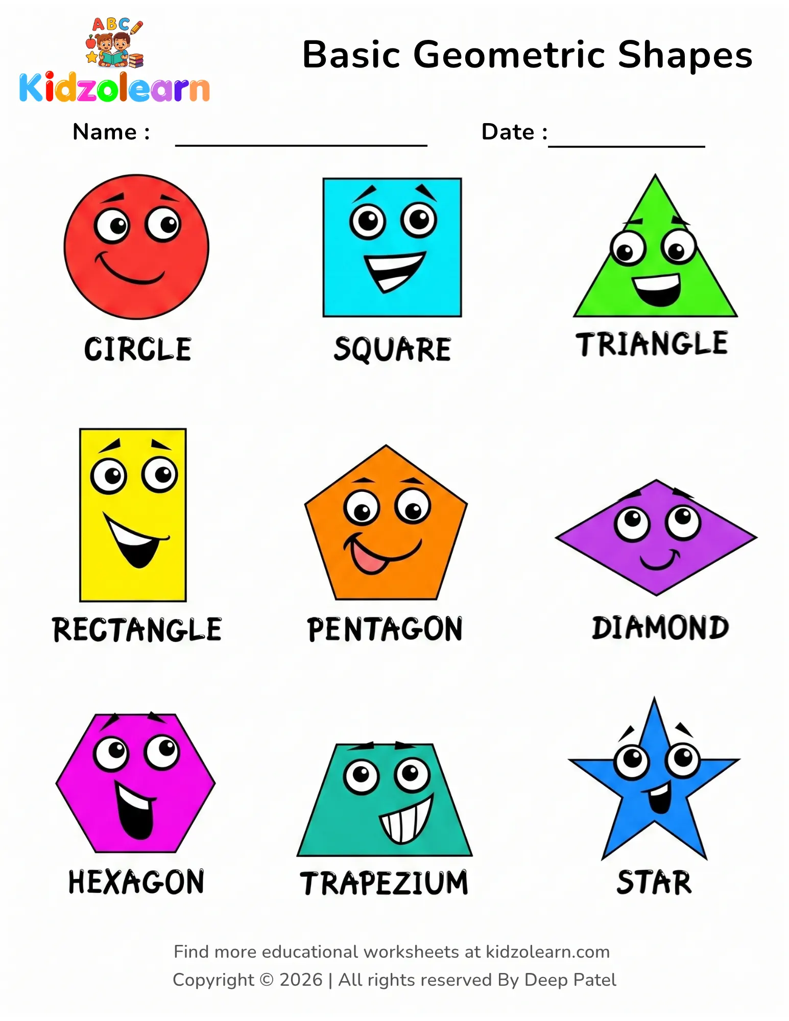 Free basic geometric shapes worksheet for kids – printable PDF with cartoon faces on circle, square, triangle, rectangle, pentagon, diamond, hexagon, trapezium and star