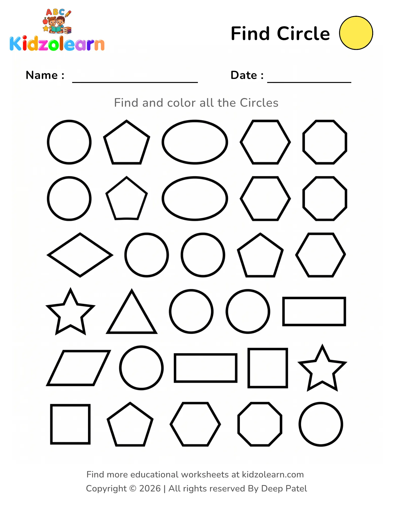 Free find and color circle shape worksheet for kids – printable PDF with mixed shapes activity