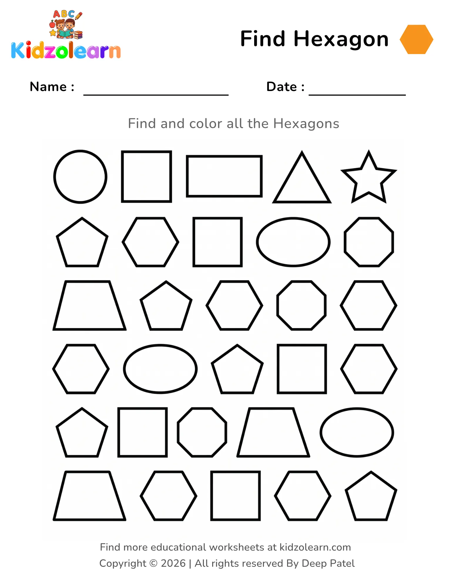 Free find and color hexagon shape worksheet for kids – printable PDF with mixed shape identification activity