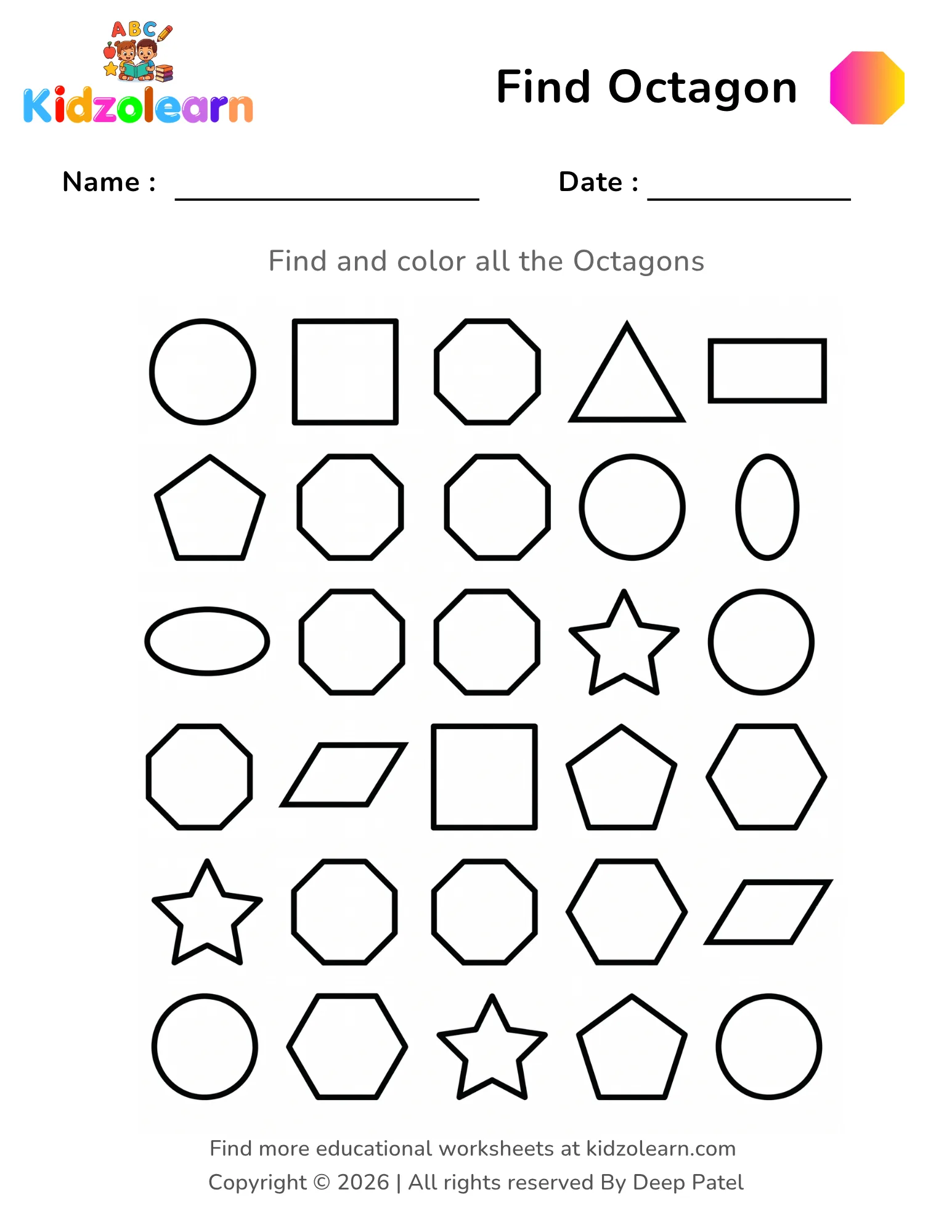 Free find and color octagon shape worksheet for kids – printable PDF with mixed shape activity including stars, hexagons and circles
