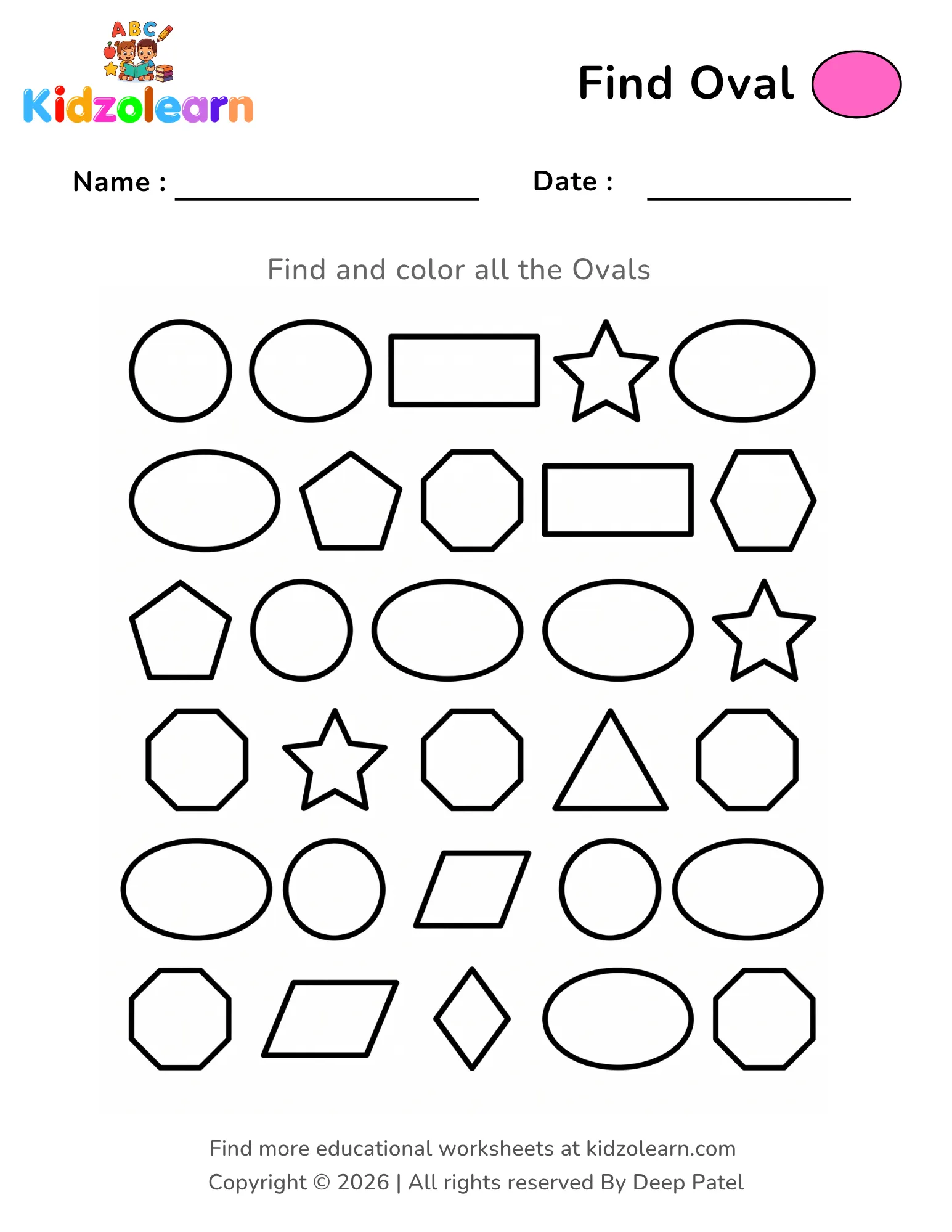 Free find and color oval shape worksheet for kids – printable PDF with circles and octagons for shape discrimination