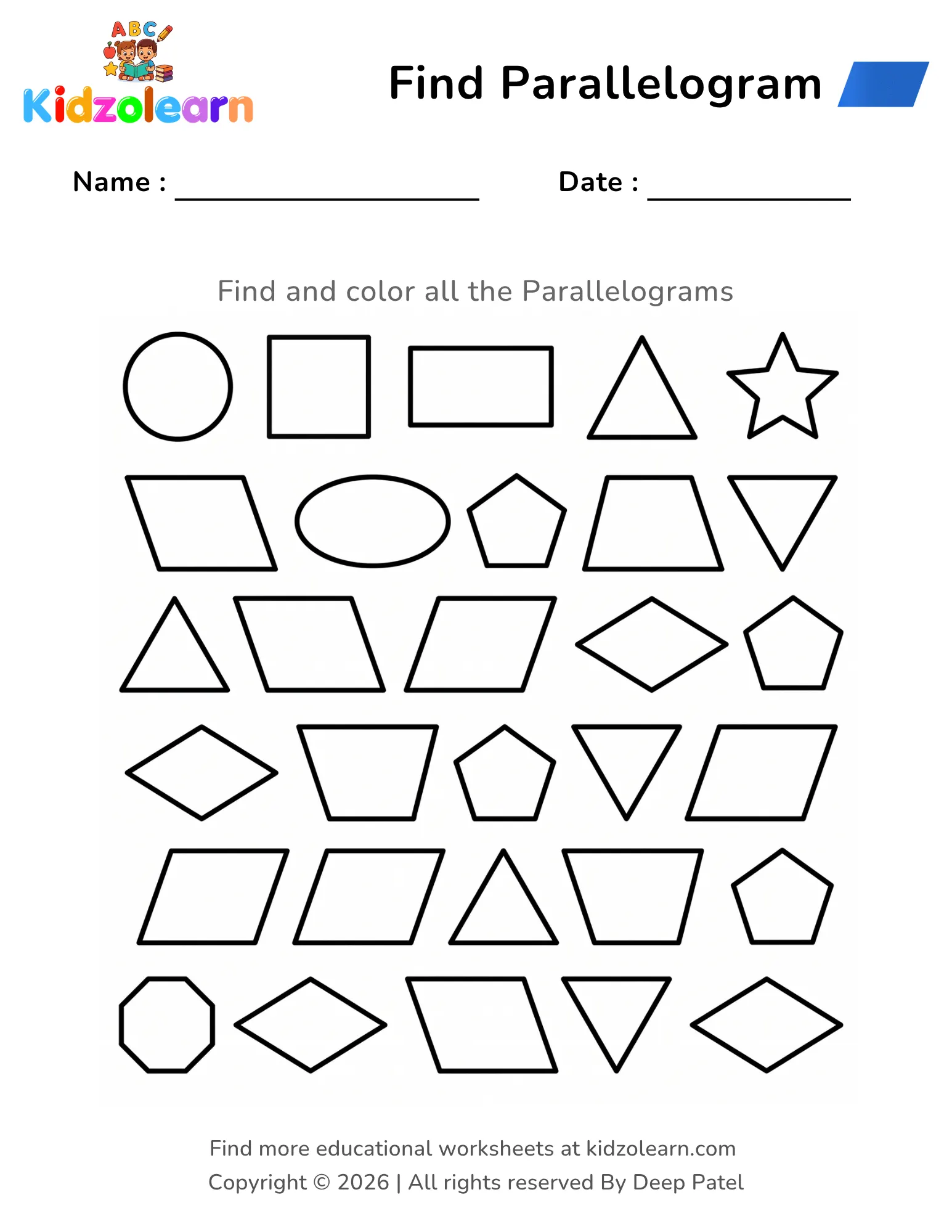 Free find and color parallelogram shape worksheet for kids – printable PDF with diamonds, triangles and squares