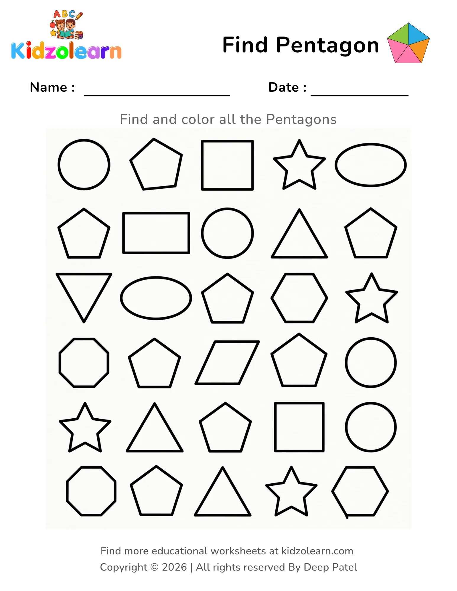 Free find and color pentagon shape worksheet for kids – printable PDF with circles, ovals, hexagons and triangles