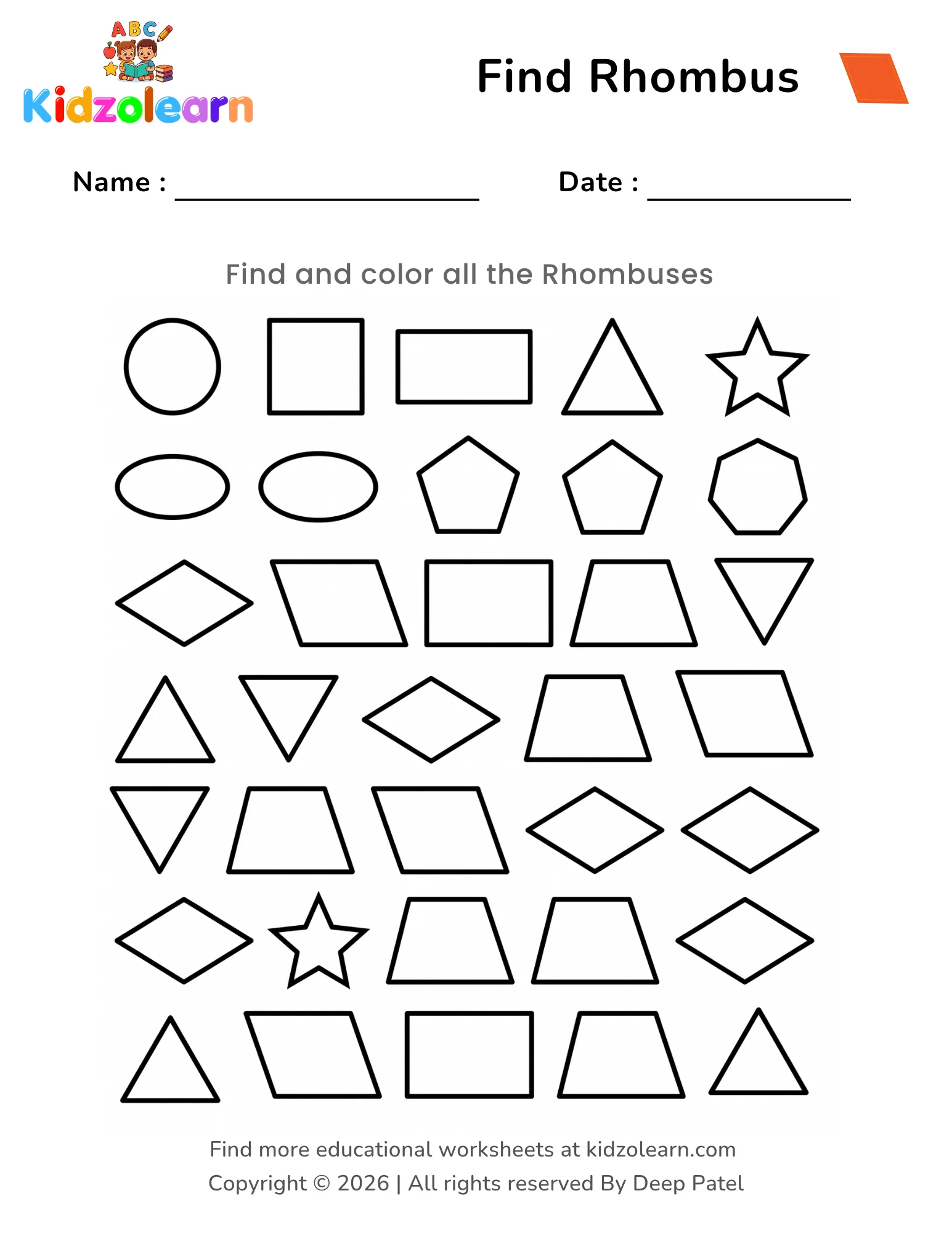 Free find and color rhombus shape worksheet for kids – printable PDF with parallelograms, triangles and trapezoids for shape discrimination