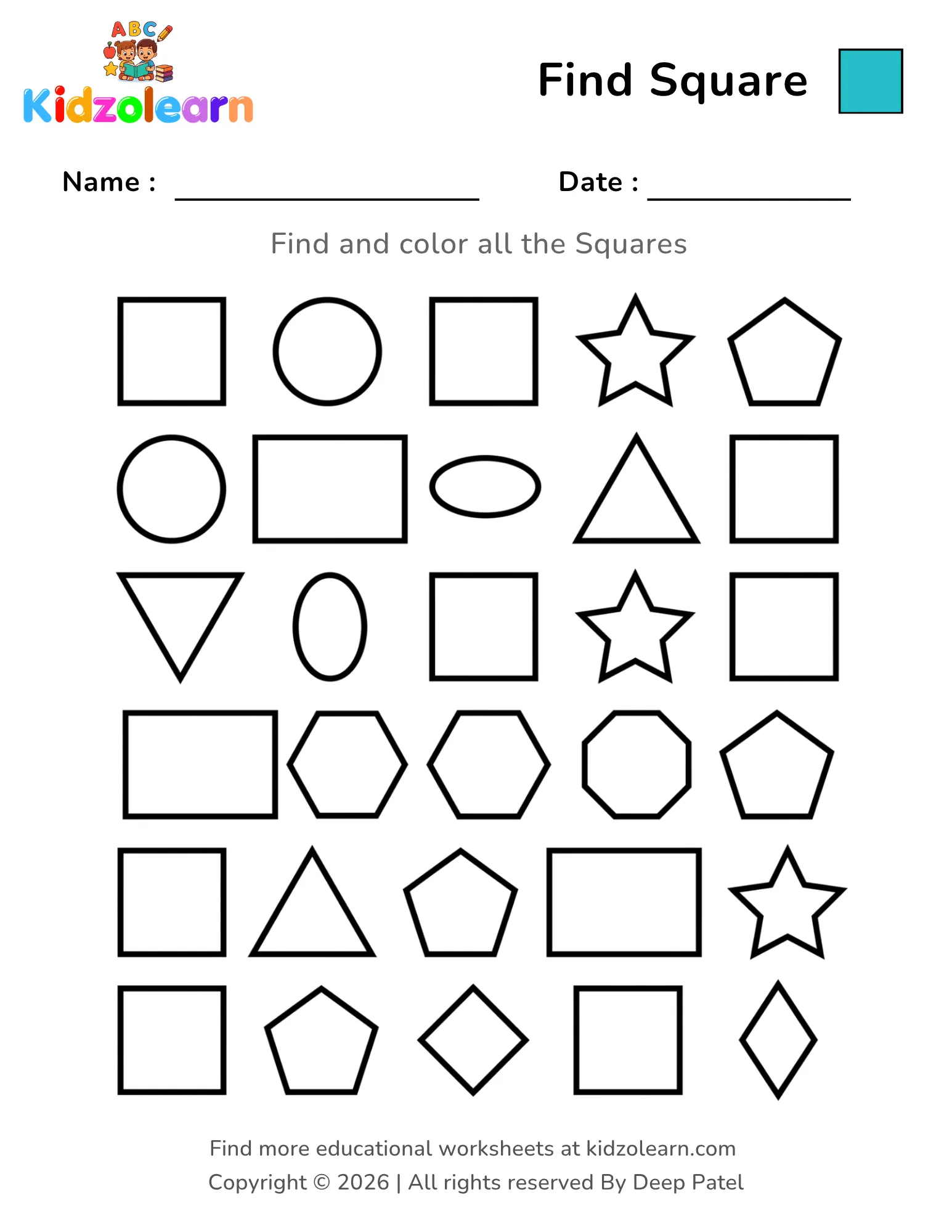 Free find and color square shape worksheet for kids – printable PDF with rectangles, circles, triangles and pentagons