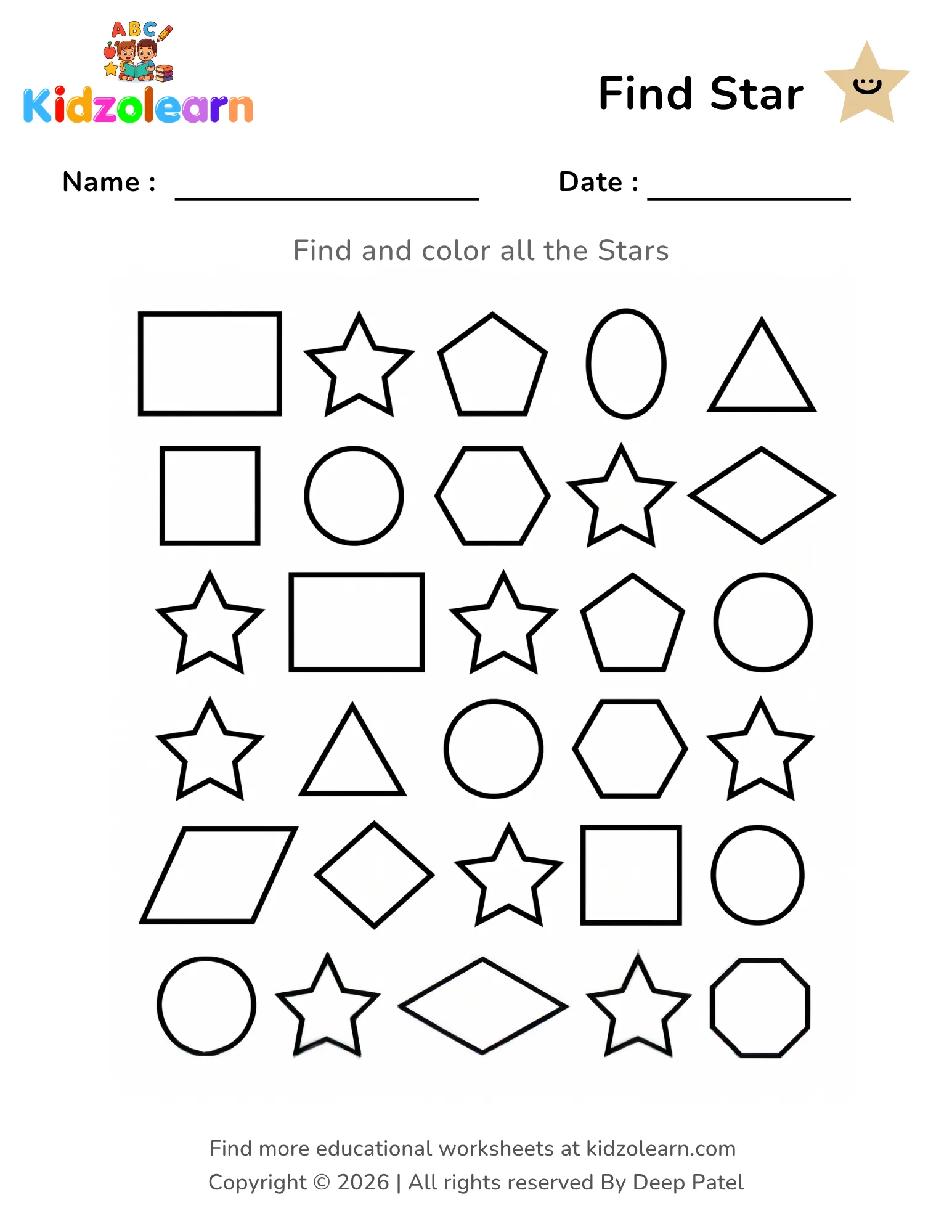 Free find and color star shape worksheet for kids – printable PDF with pentagons, rectangles, circles and diamonds