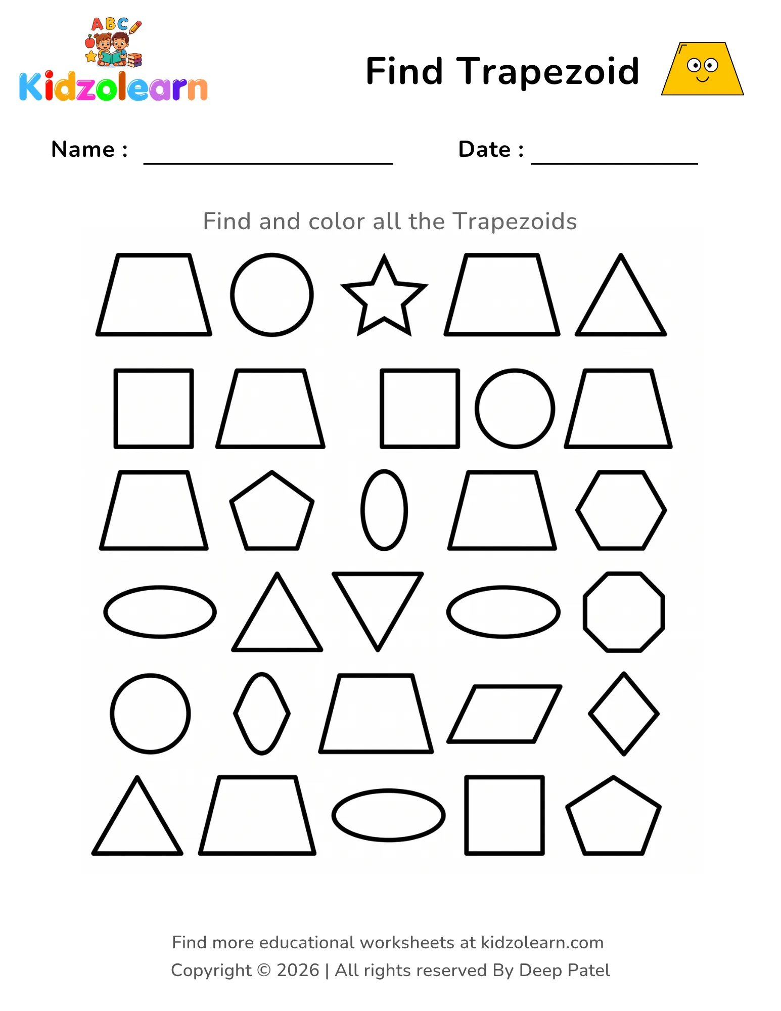 Free find and color trapezoid shape worksheet for kids – printable PDF with squares, circles and triangles for shape discrimination