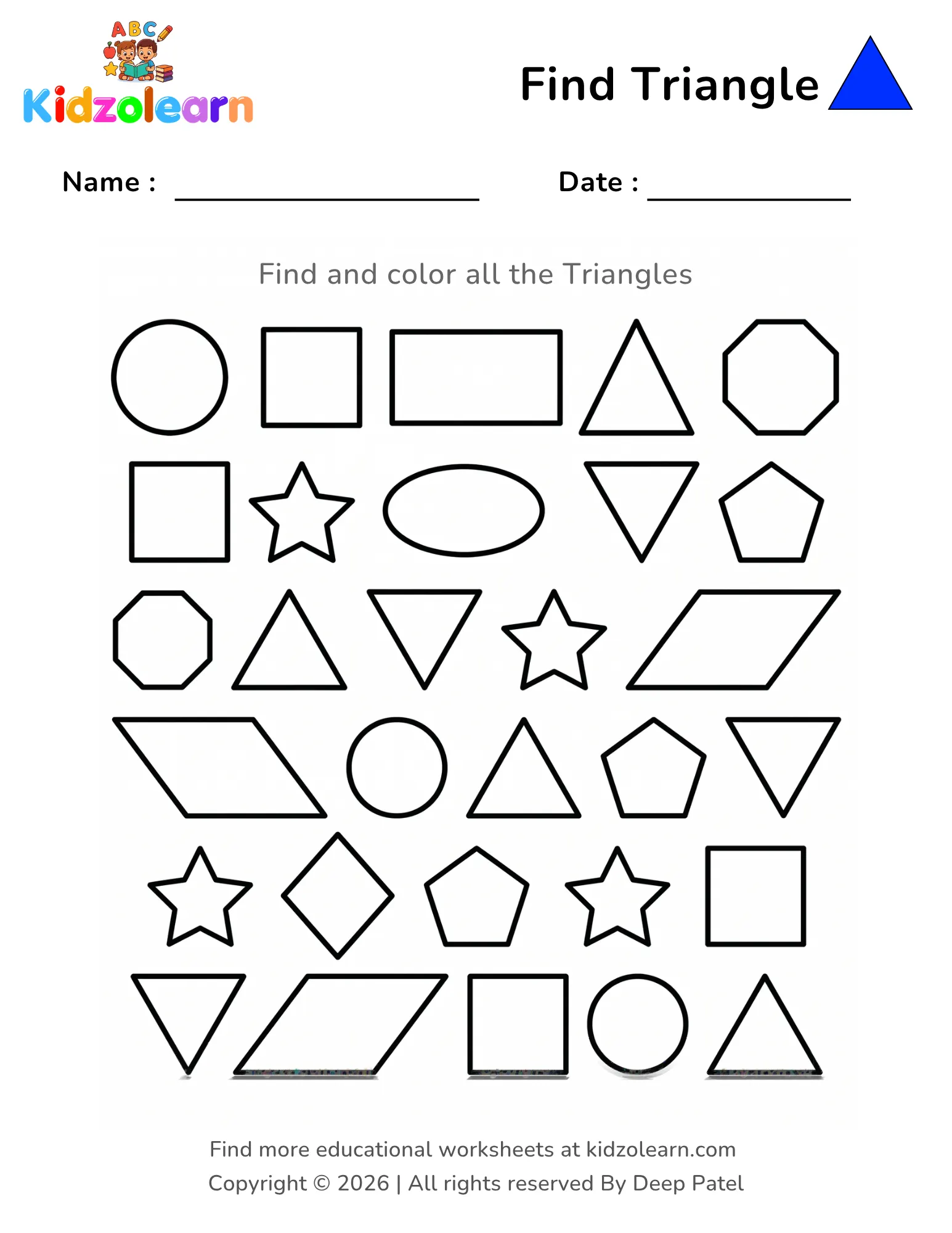 Free find and color triangle shape worksheet for kids – printable PDF with stars, circles, pentagons and parallelograms