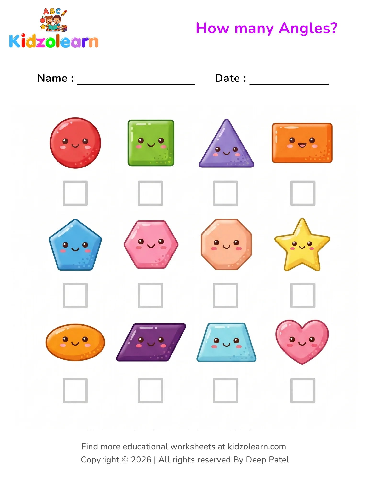 Free how many angles shapes worksheet for kids – printable PDF showing triangle, pentagon, circle, square, rectangle, star, octagon, diamond, hexagon, parallelogram, trapezoid and oval