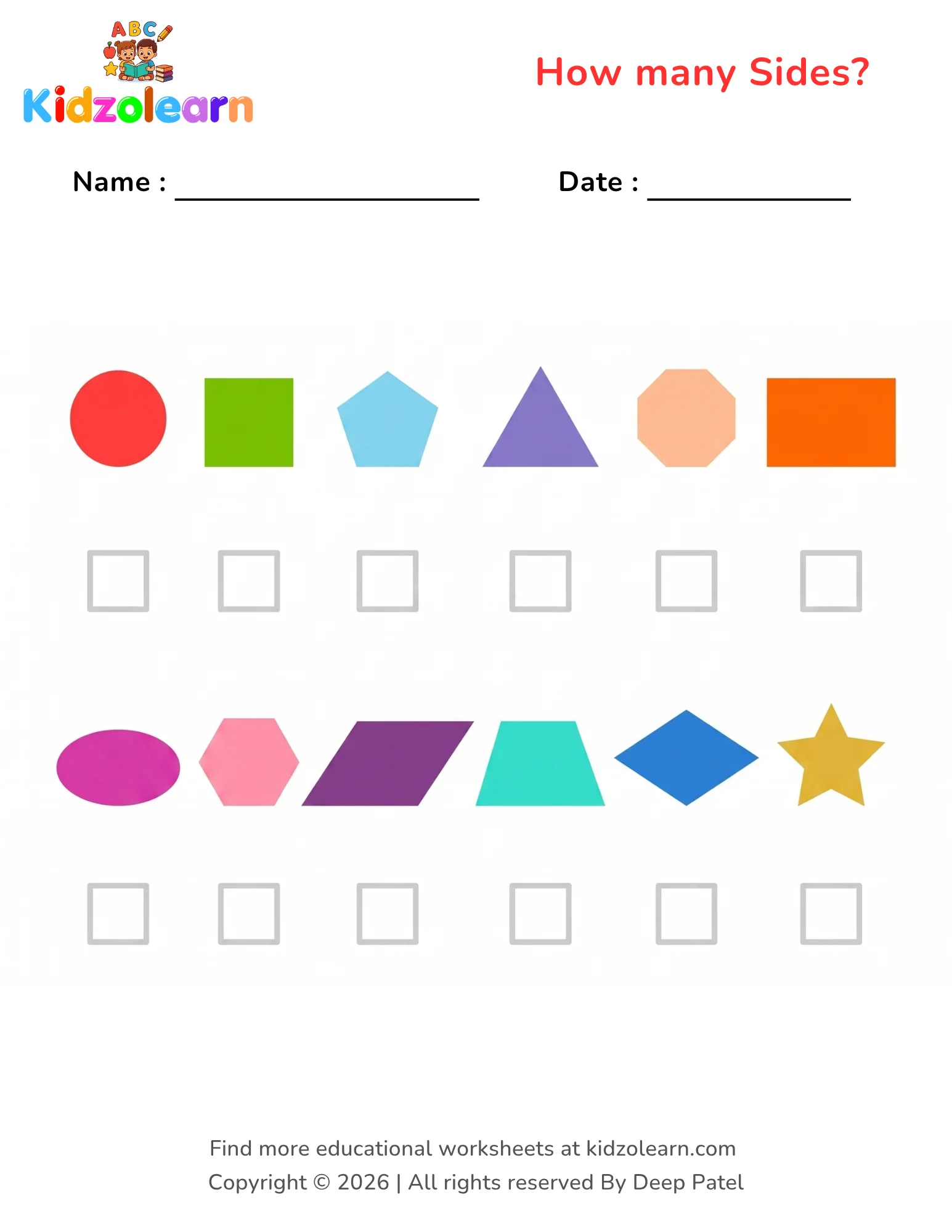 Free how many sides shapes worksheet for kids – printable PDF showing circle, square, pentagon, triangle, octagon, rectangle, oval, hexagon, parallelogram, trapezoid, diamond and star