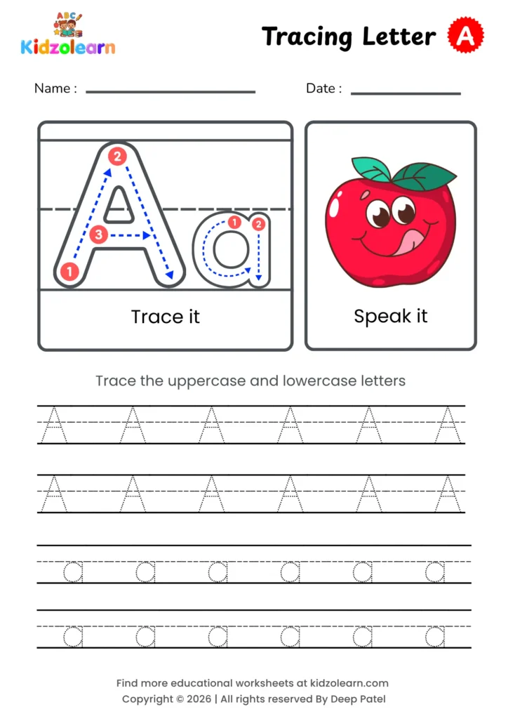 Free letter A tracing worksheet for kids – printable PDF with uppercase and lowercase letter A trace it and speak it activities with numbered dotted stroke guidelines