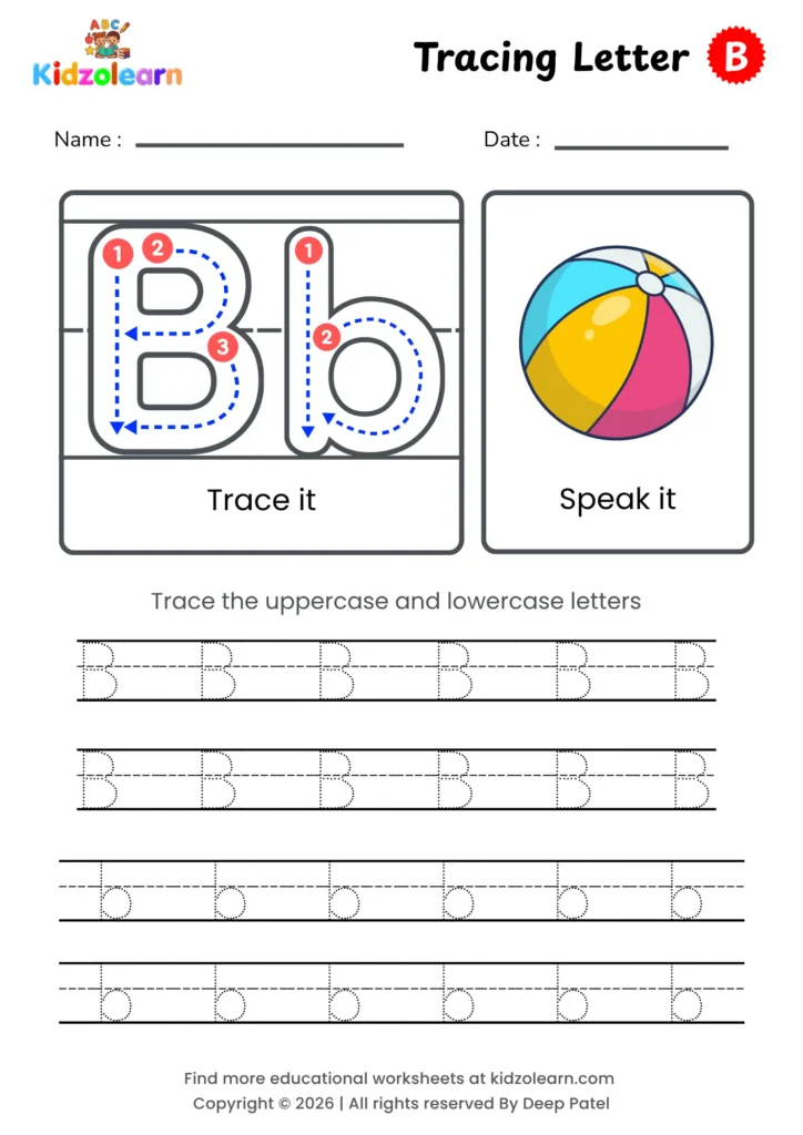 Free letter B tracing worksheet for kids – printable PDF with uppercase and lowercase letter B trace it and speak it activities with numbered dotted stroke guidelines