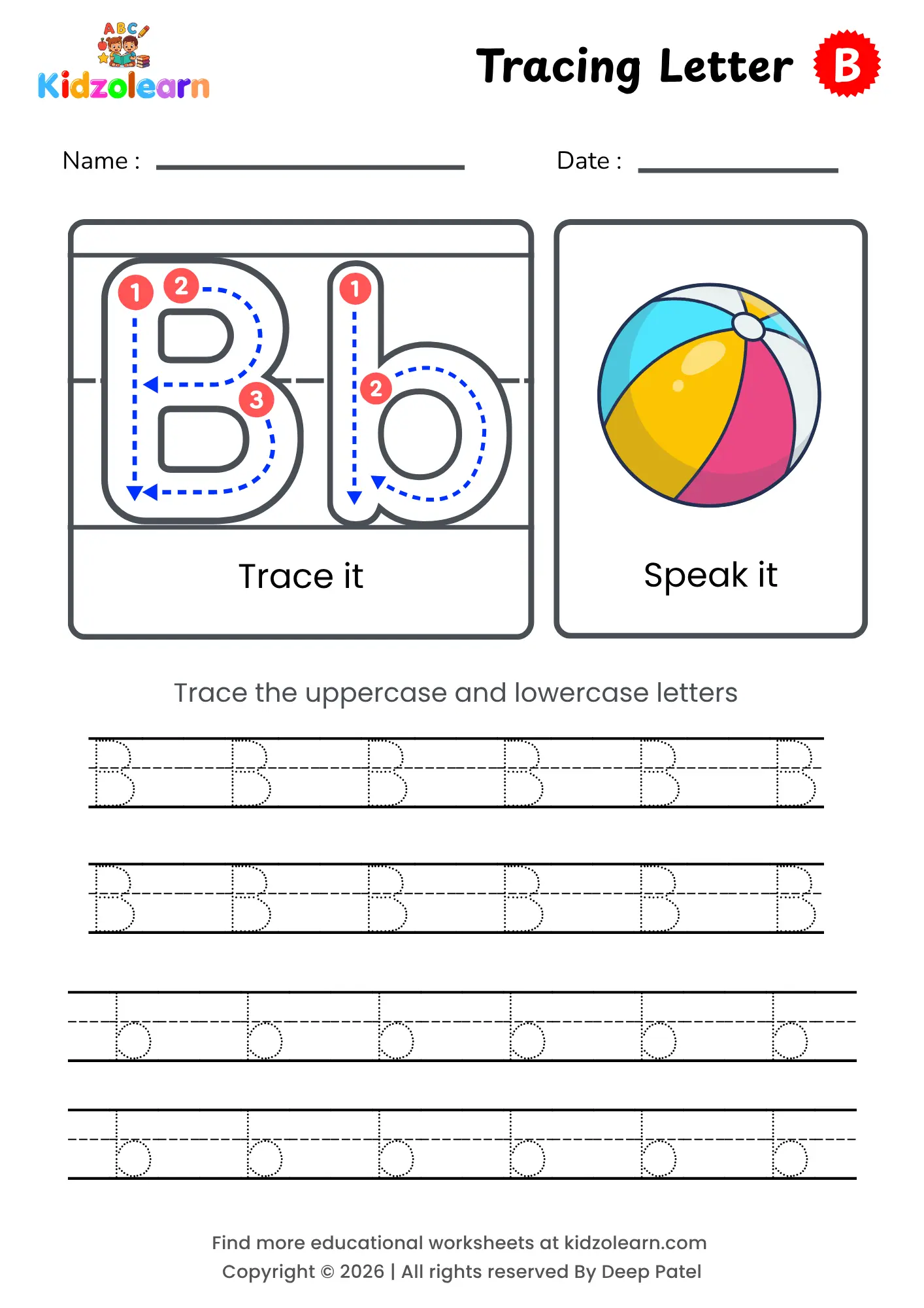 Free letter B tracing worksheet for kids – printable PDF with uppercase and lowercase letter B trace it and speak it activities with numbered dotted stroke guidelines
