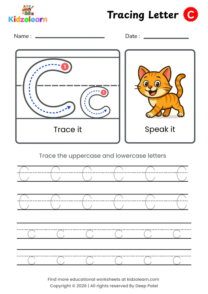 Free letter C tracing worksheet for kids – printable PDF with uppercase and lowercase letter C trace it and speak it activities with numbered dotted stroke guidelines