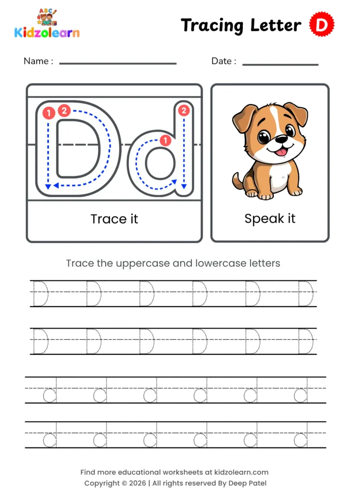 Free letter D tracing worksheet for kids – printable PDF with uppercase and lowercase letter D trace it and speak it activities with numbered dotted stroke guidelines