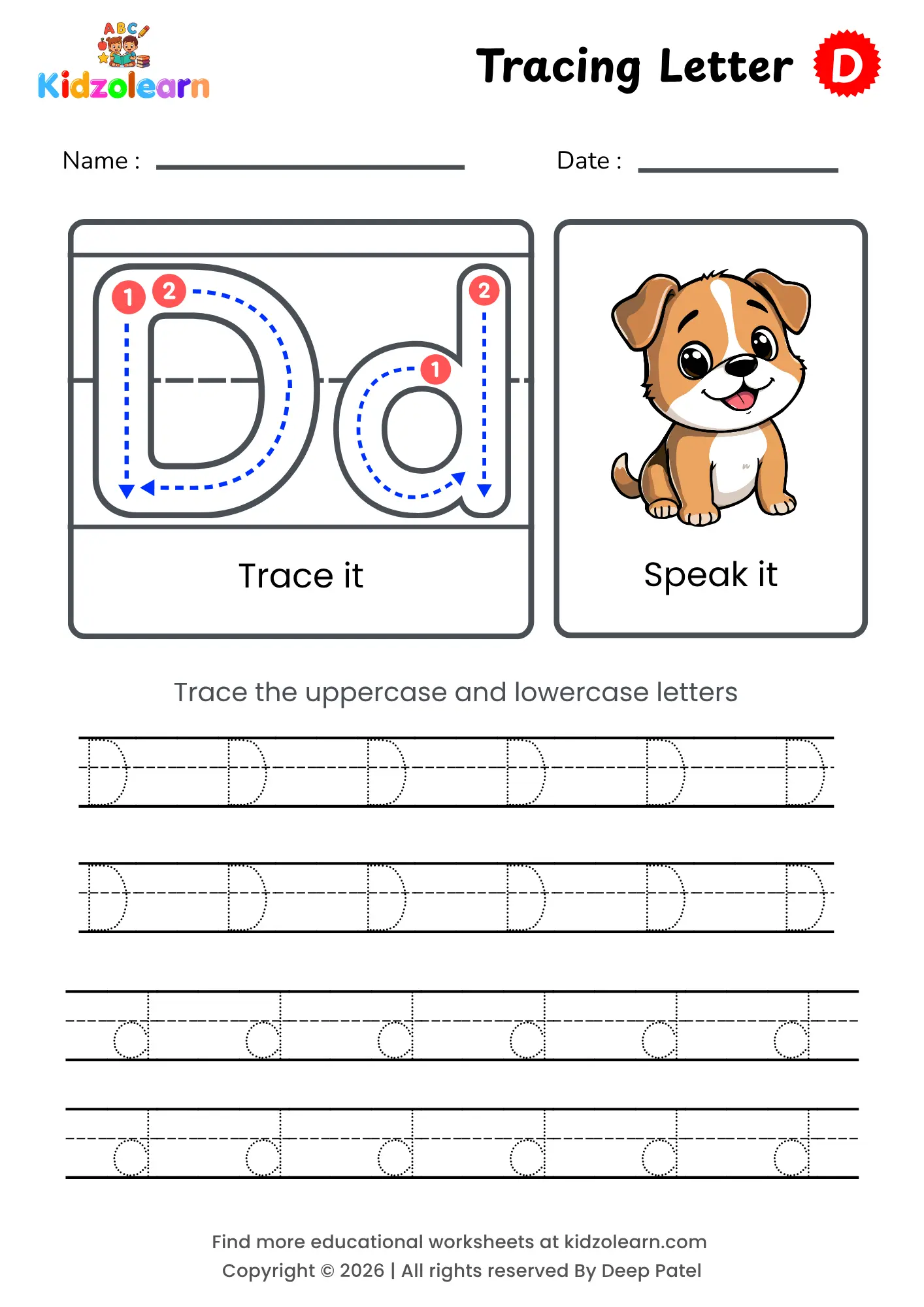 Free letter D tracing worksheet for kids – printable PDF with uppercase and lowercase letter D trace it and speak it activities with numbered dotted stroke guidelines