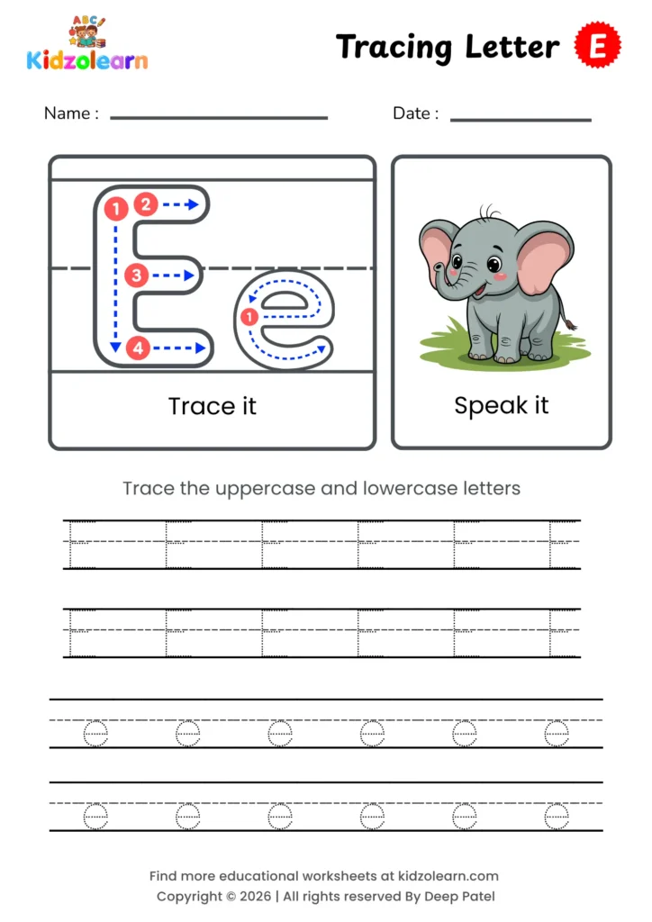 Free letter E tracing worksheet for kids – printable PDF with uppercase and lowercase letter E trace it and speak it activities with numbered dotted stroke guidelines