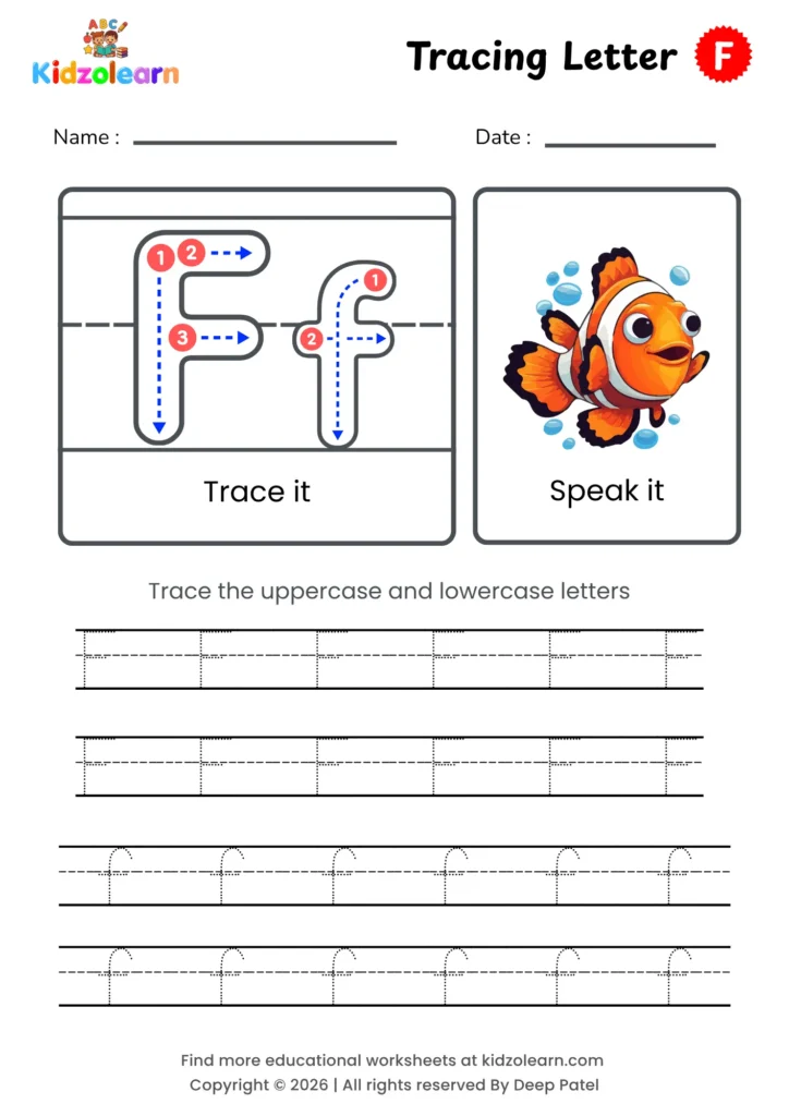 Free letter F tracing worksheet for kids – printable PDF with uppercase and lowercase letter F trace it and speak it activities with numbered dotted stroke guidelines