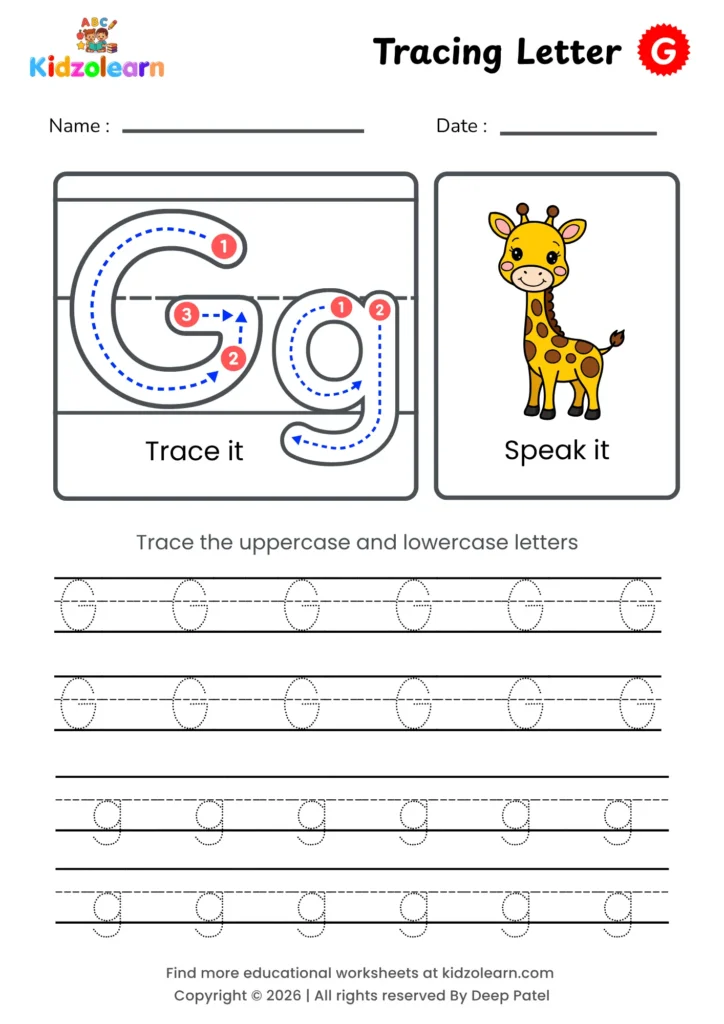 Free letter G tracing worksheet for kids – printable PDF with uppercase and lowercase letter G trace it and speak it activities with numbered dotted stroke guidelines