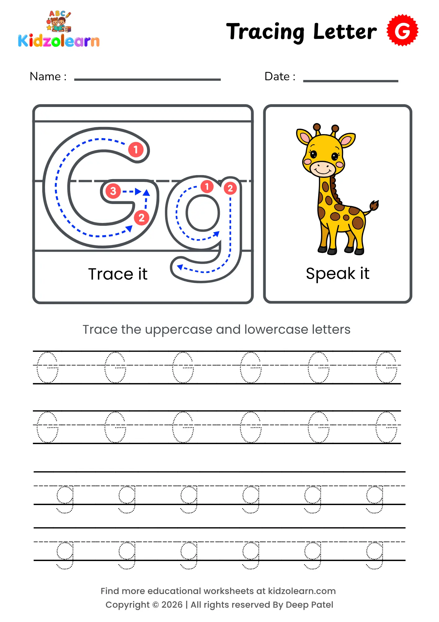 Free letter G tracing worksheet for kids – printable PDF with uppercase and lowercase letter G trace it and speak it activities with numbered dotted stroke guidelines