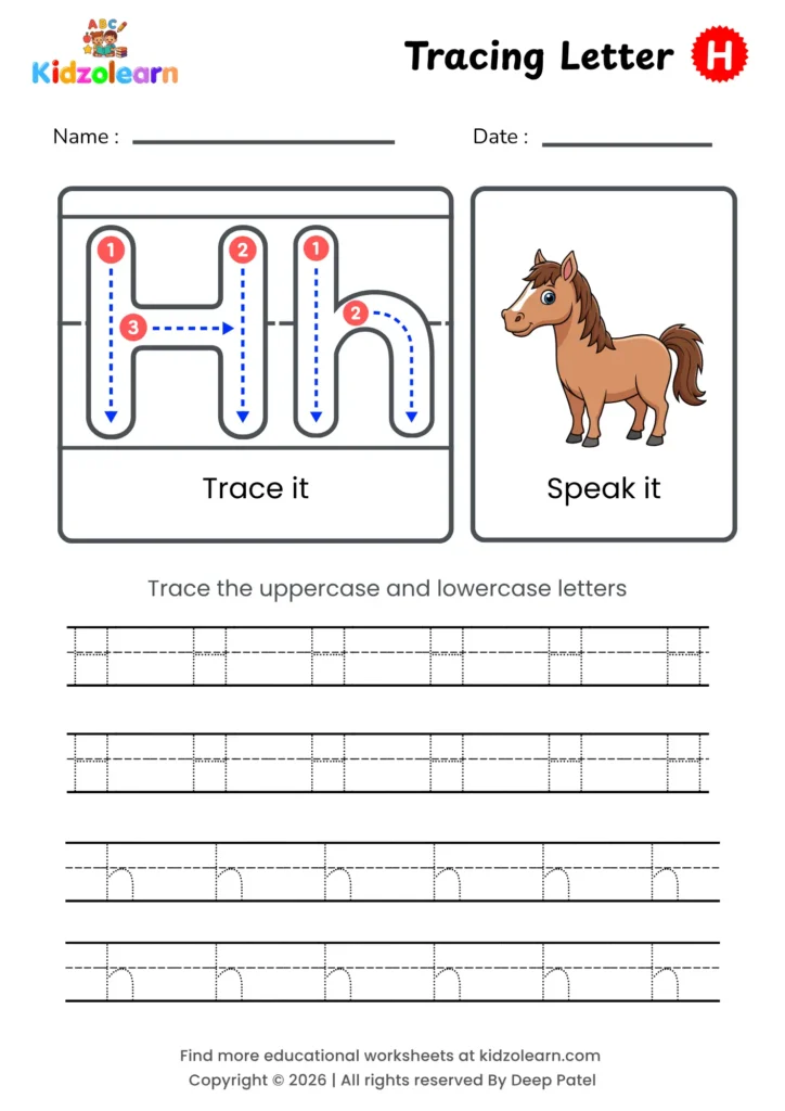 Free letter H tracing worksheet for kids – printable PDF with uppercase and lowercase letter H trace it and speak it activities with numbered dotted stroke guidelines