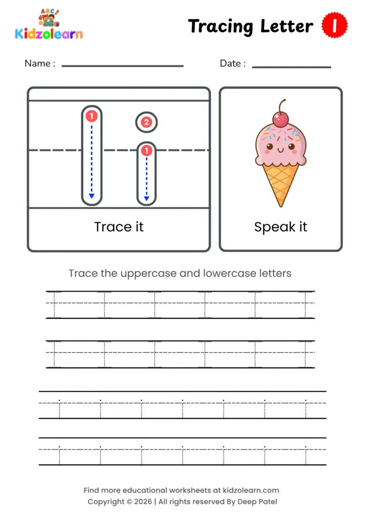 Free letter I tracing worksheet for kids – printable PDF with uppercase and lowercase letter I trace it and speak it activities with numbered dotted stroke guidelines