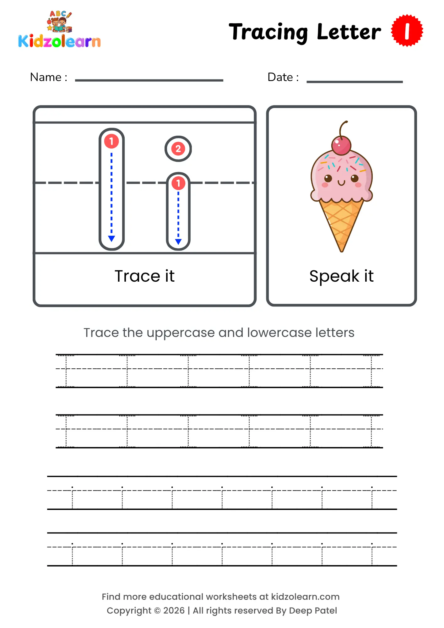 Free letter I tracing worksheet for kids – printable PDF with uppercase and lowercase letter I trace it and speak it activities with numbered dotted stroke guidelines