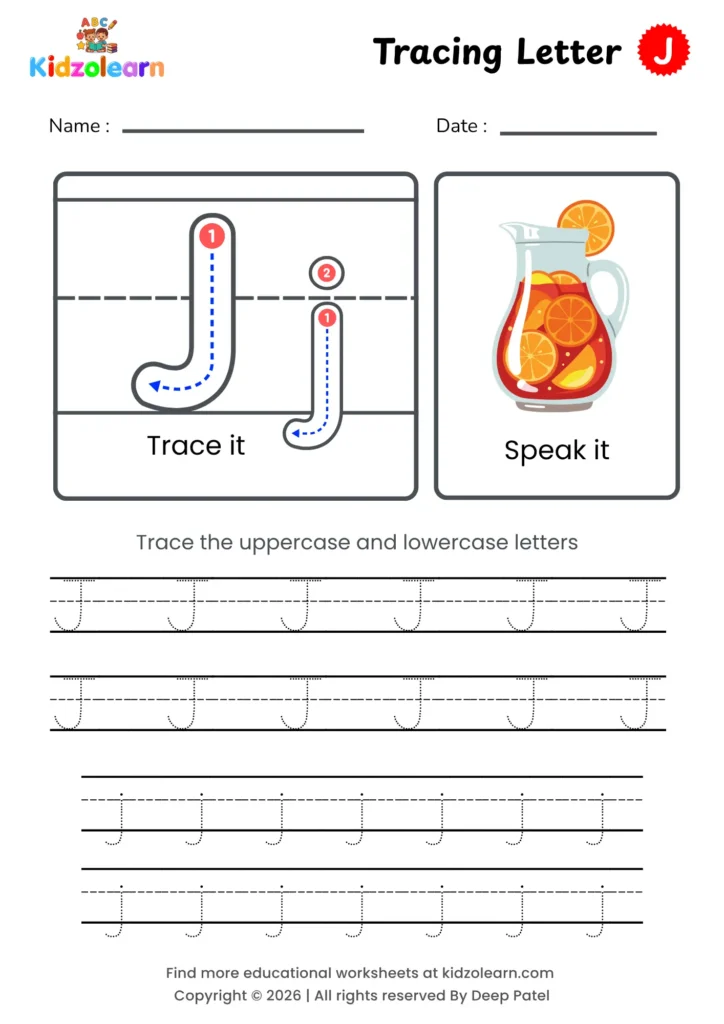 Free letter J tracing worksheet for kids – printable PDF with uppercase and lowercase letter J trace it and speak it activities with numbered dotted stroke guidelines