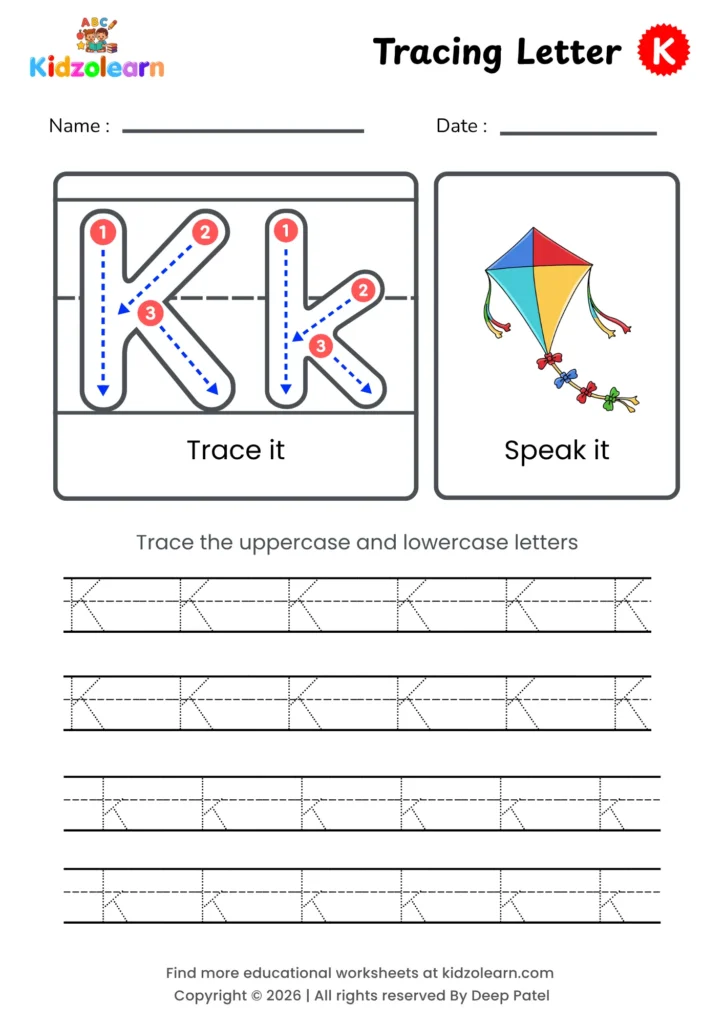 Free letter K tracing worksheet for kids – printable PDF with uppercase and lowercase letter K trace it and speak it activities with numbered dotted stroke guidelines