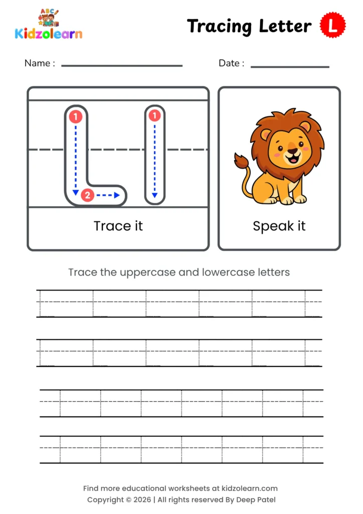 Free letter L tracing worksheet for kids – printable PDF with uppercase and lowercase letter L trace it and speak it activities with numbered dotted stroke guidelines