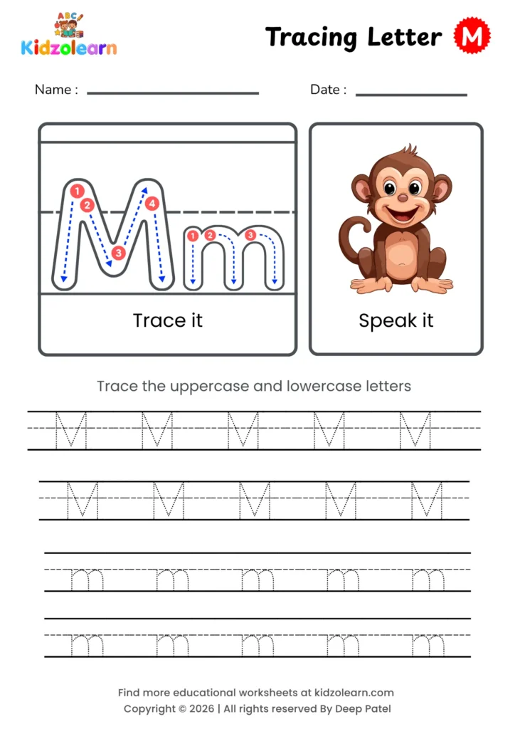 Free letter M tracing worksheet for kids – printable PDF with uppercase and lowercase letter M trace it and speak it activities with numbered dotted stroke guidelines