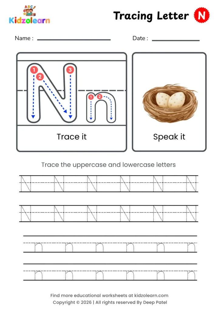 Free letter N tracing worksheet for kids – printable PDF with uppercase and lowercase letter N trace it and speak it activities with numbered dotted stroke guidelines
