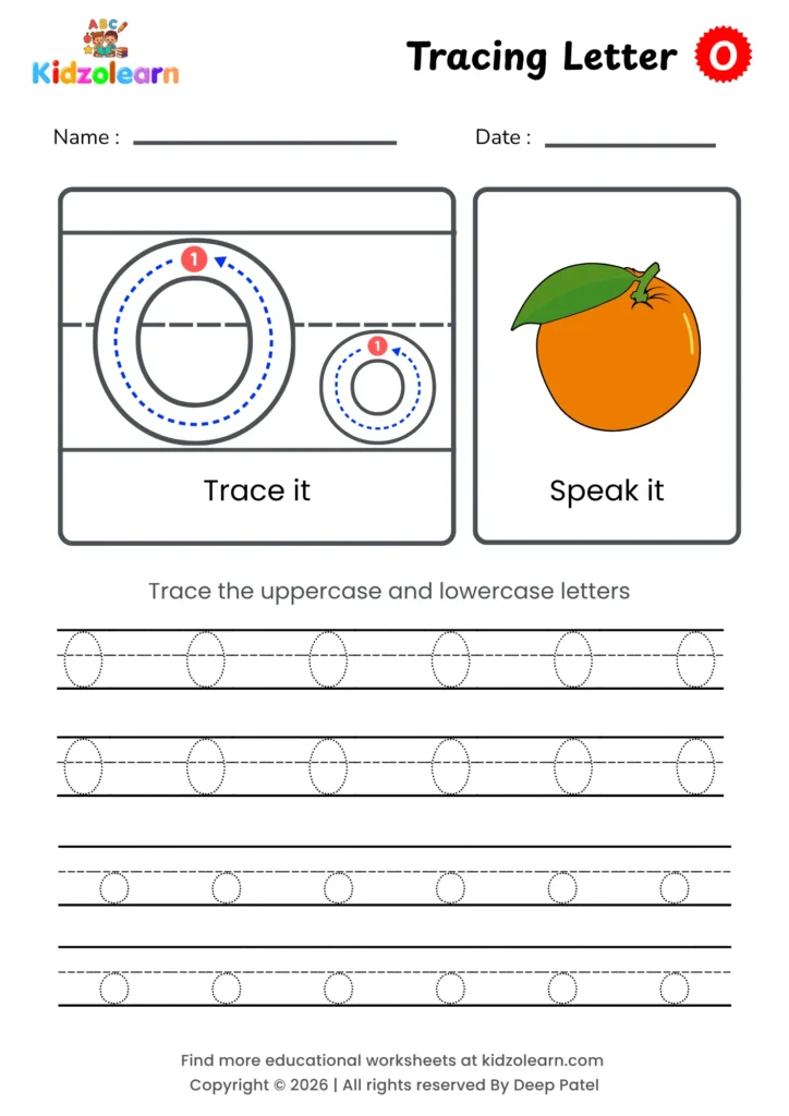 Free letter O tracing worksheet for kids – printable PDF with uppercase and lowercase letter O trace it and speak it activities with numbered dotted stroke guidelines