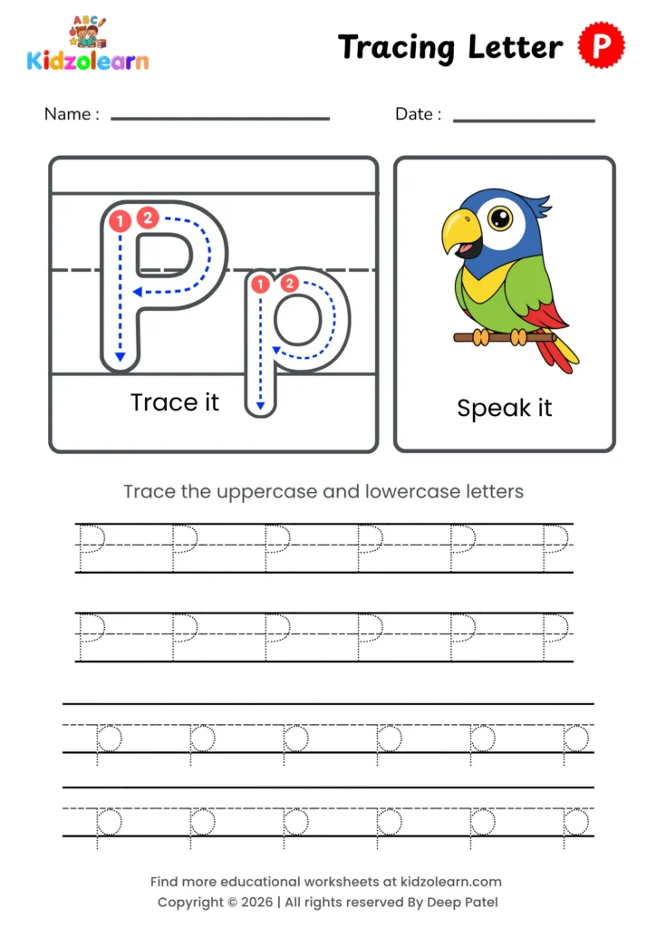 Free letter P tracing worksheet for kids – printable PDF with uppercase and lowercase letter P trace it and speak it activities with numbered dotted stroke guidelines