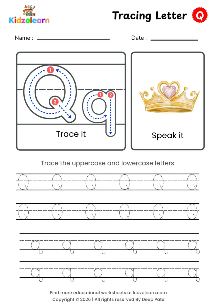 Free letter Q tracing worksheet for kids – printable PDF with uppercase and lowercase letter Q trace it and speak it activities with numbered dotted stroke guidelines