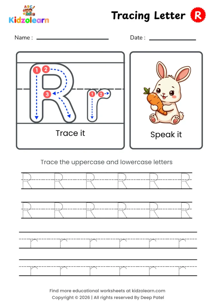 Free letter R tracing worksheet for kids – printable PDF with uppercase and lowercase letter R trace it and speak it activities with numbered dotted stroke guidelines